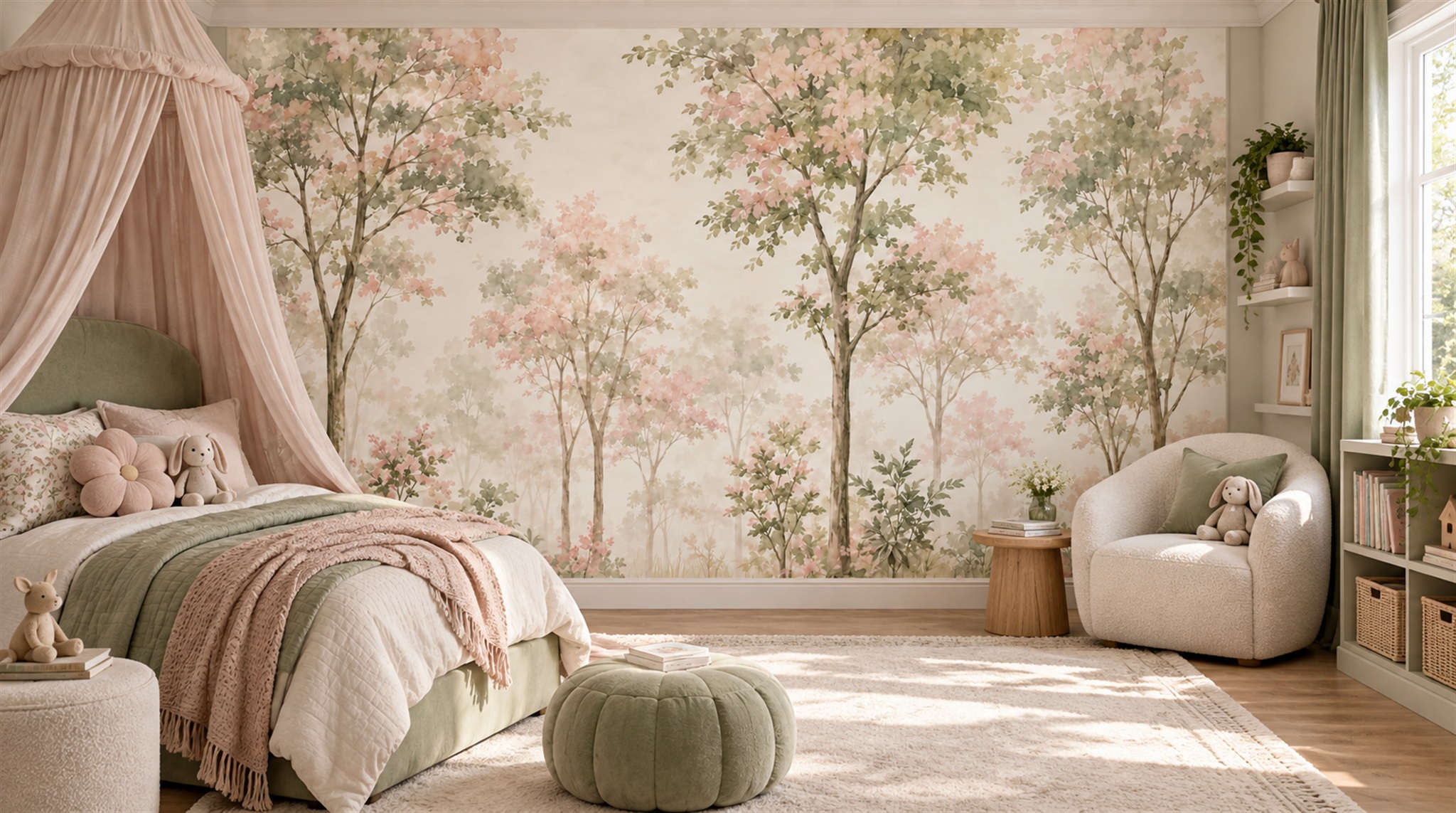 Ivory And Red Woodland Trees Wallpaper Mural Living-room-wallpaper-murals, Shown In A Living Room, Peel-and-stick Finish