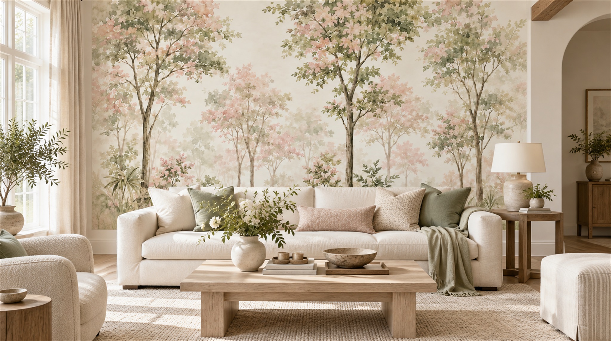 Ivory And Red Woodland Trees Wallpaper Mural Nursery-wallpaper-murals, Peel-and-stick Finish