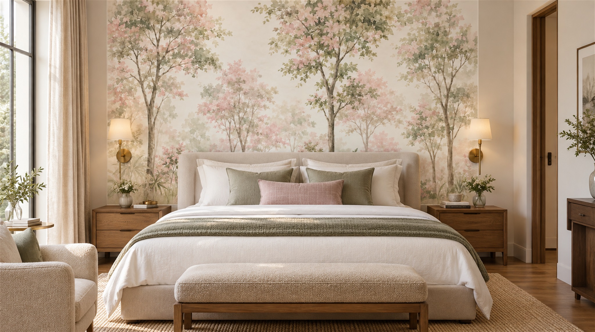 Ivory And Red Woodland Trees Wallpaper Mural Accent-wall-wallpaper-murals, Peel-and-stick Finish