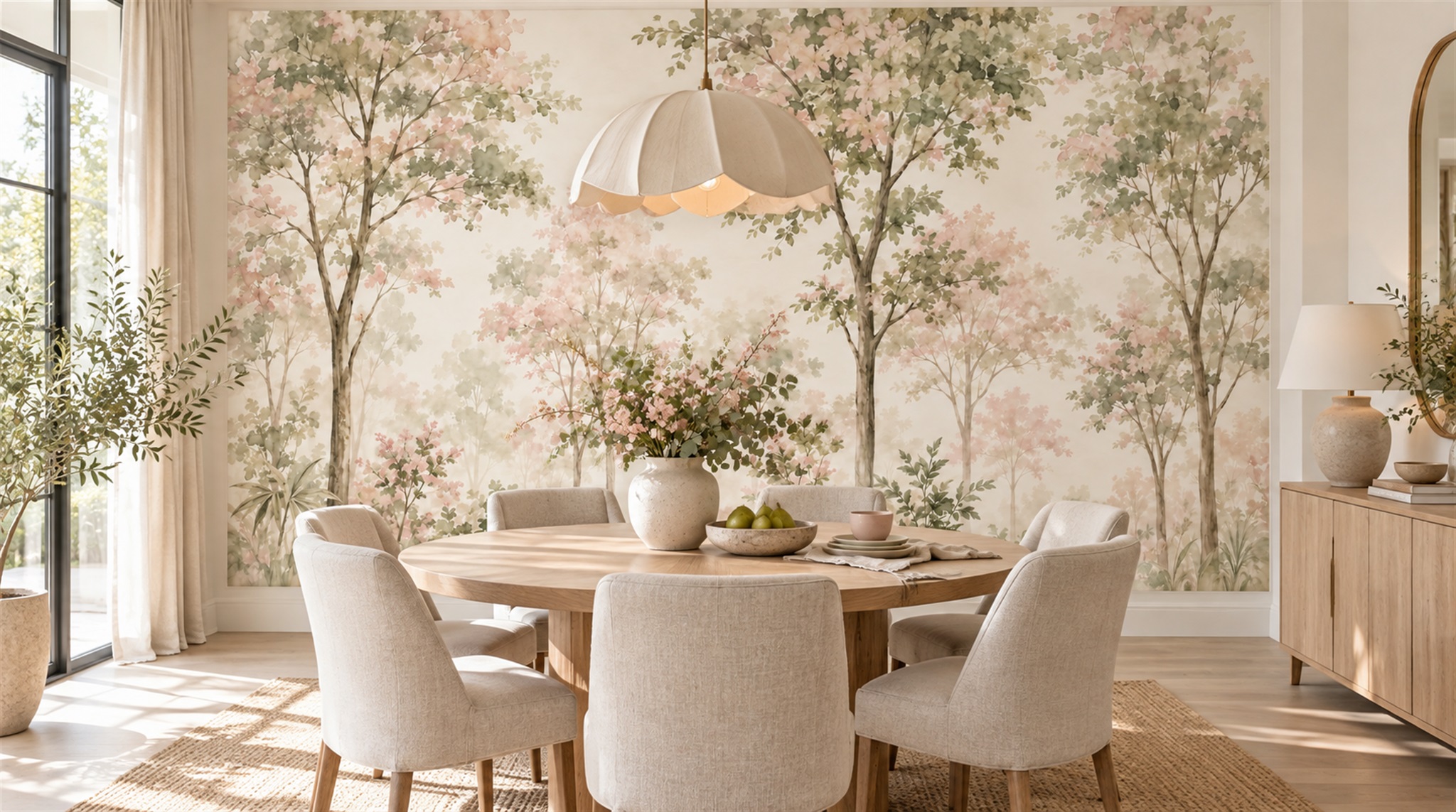 Ivory And Red Woodland Trees Wallpaper Mural Bedroom-wallpaper-murals, Peel-and-stick Finish