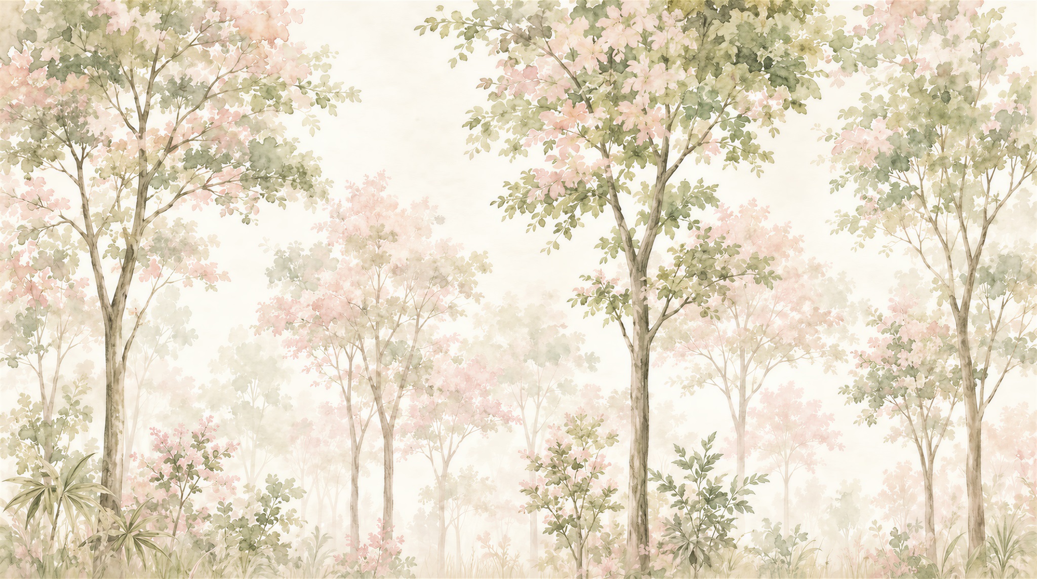 Ivory And Red Woodland Trees Wallpaper Mural Accent-wall-wallpaper-murals, Peel-and-stick Finish