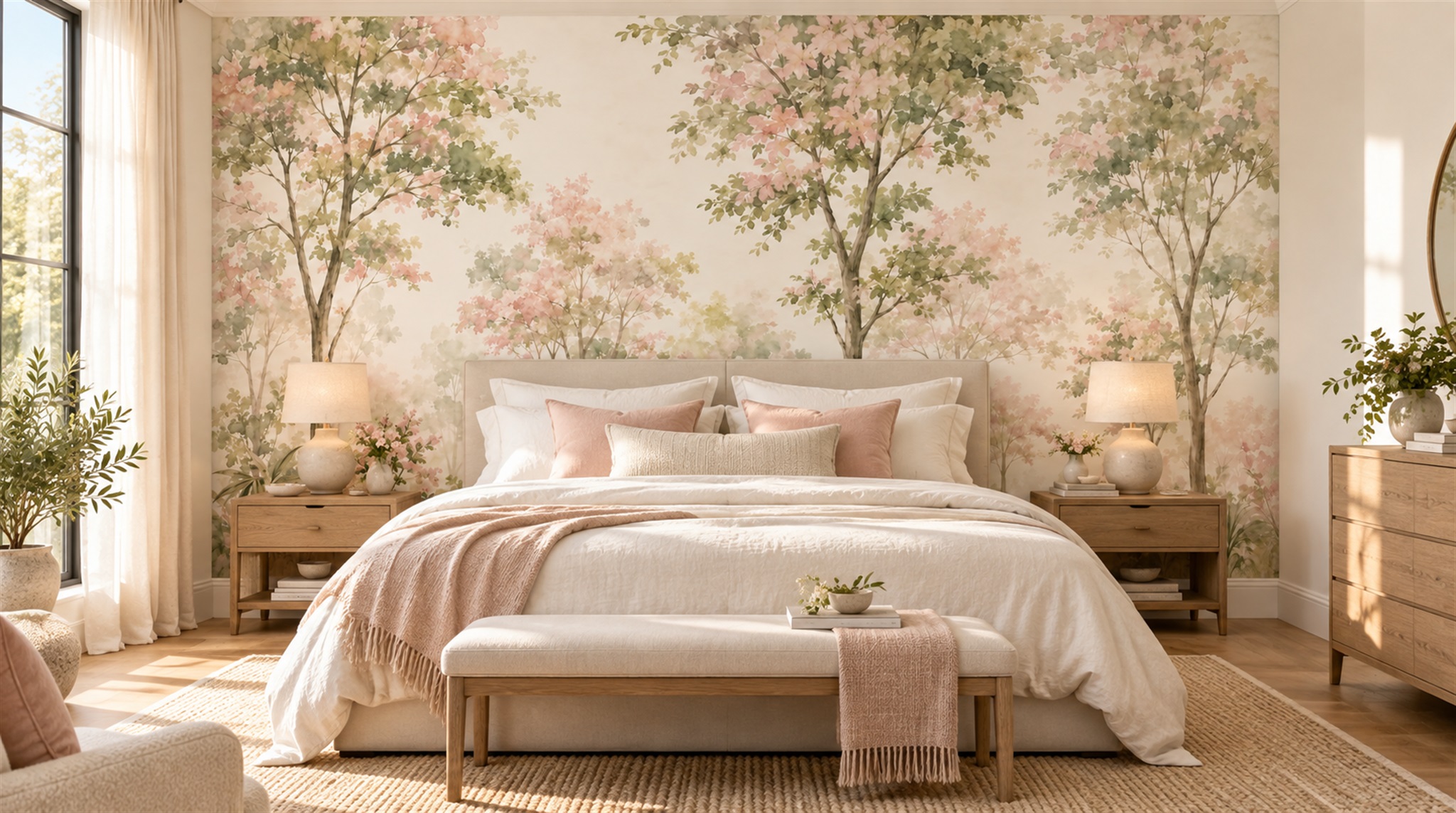 Ivory And Red Woodland Trees Wallpaper Mural Accent-wall-wallpaper-murals, Peel-and-stick Finish