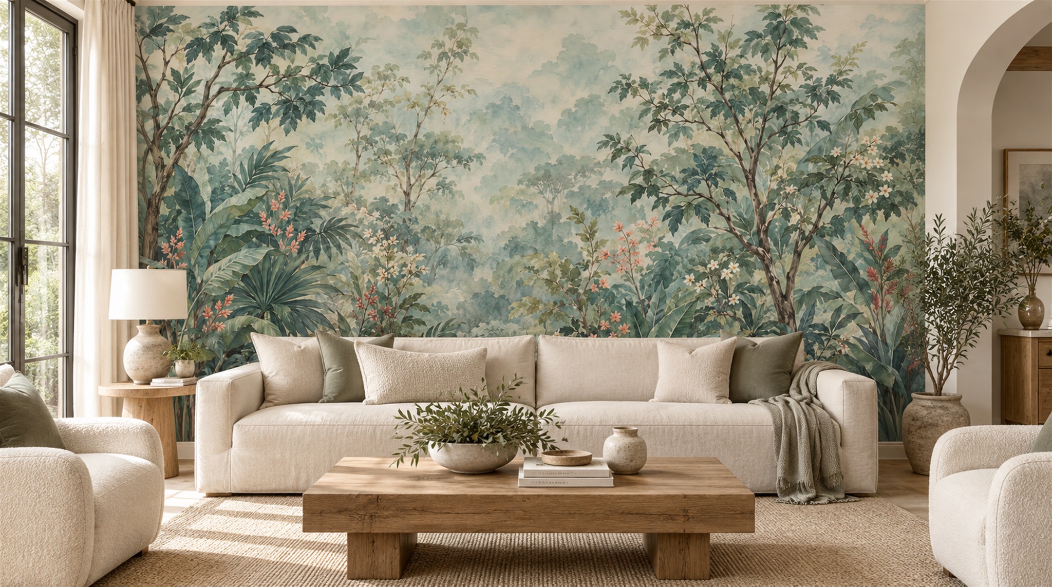Red And Sage Green Leaf Patterning Wallpaper Office-wallpaper-murals, Shown In A Home Office, Peel-and-stick Finish