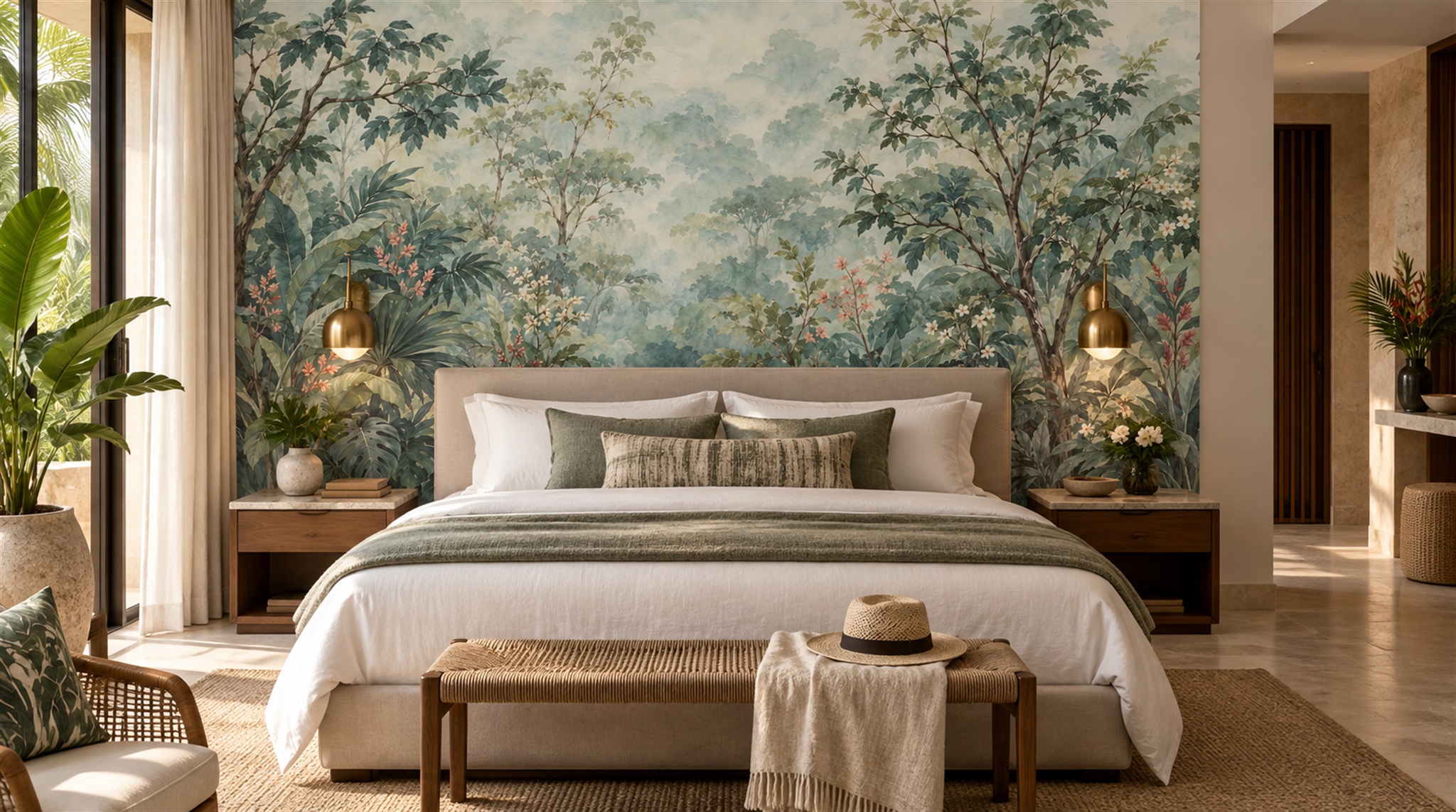 Red And Sage Green Leaf Patterning Wallpaper Accent-wall-wallpaper-murals, Peel-and-stick Finish