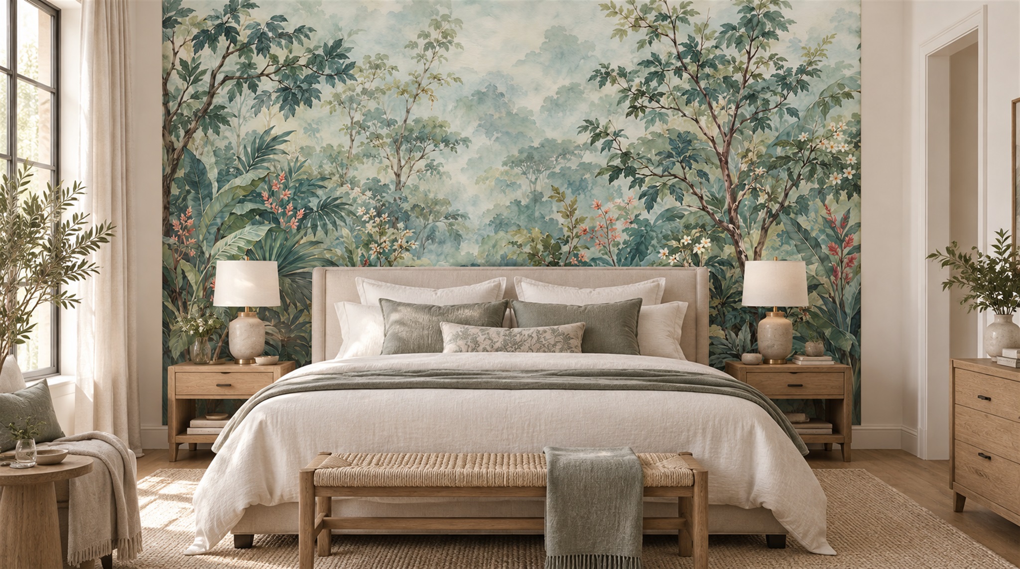 Red And Sage Green Leaf Patterning Wallpaper Dining-room-wallpaper-murals, Shown In A Dining Room, Peel-and-stick Finish