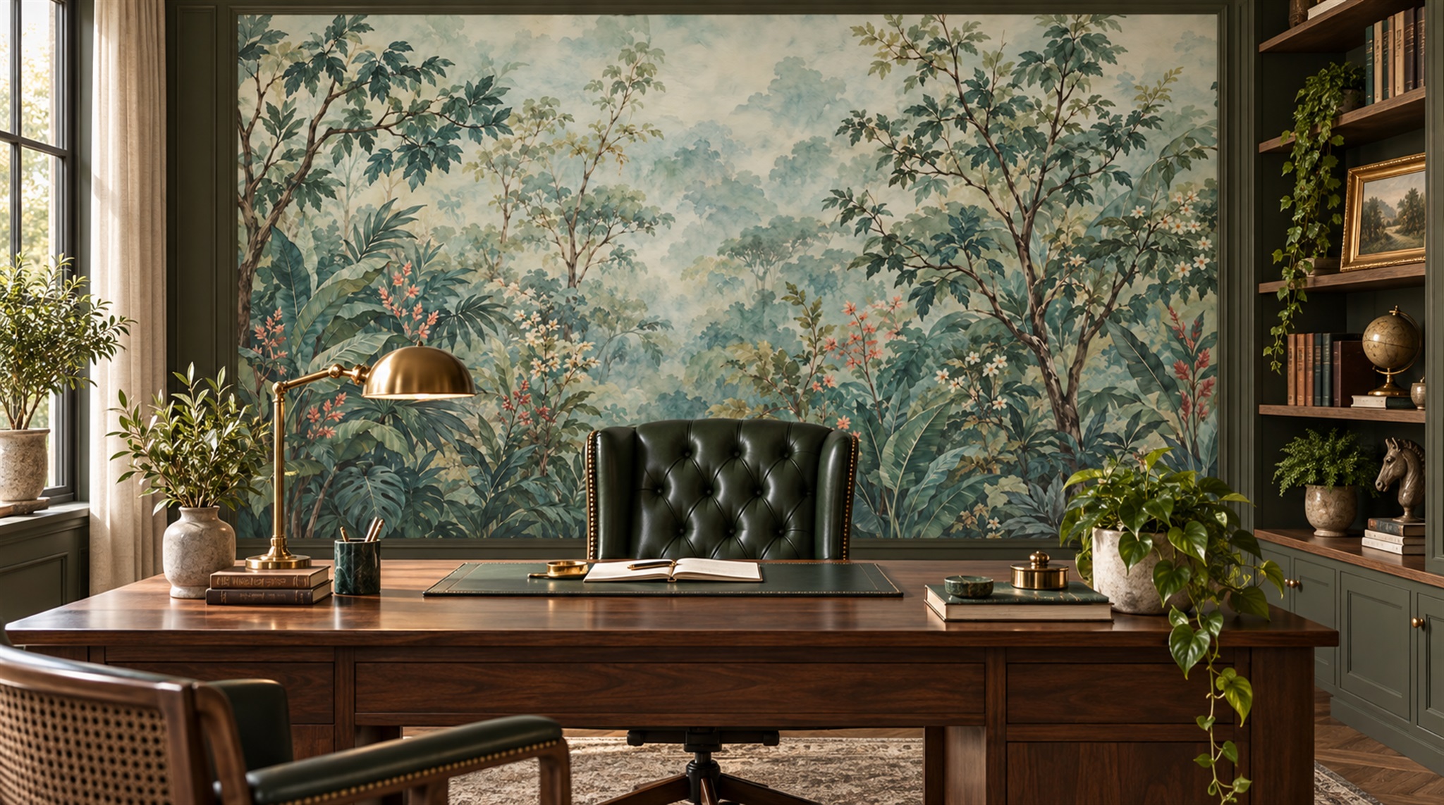 Red And Sage Green Leaf Patterning Wallpaper Living-room-wallpaper-murals, Shown In A Living Room, Peel-and-stick Finish
