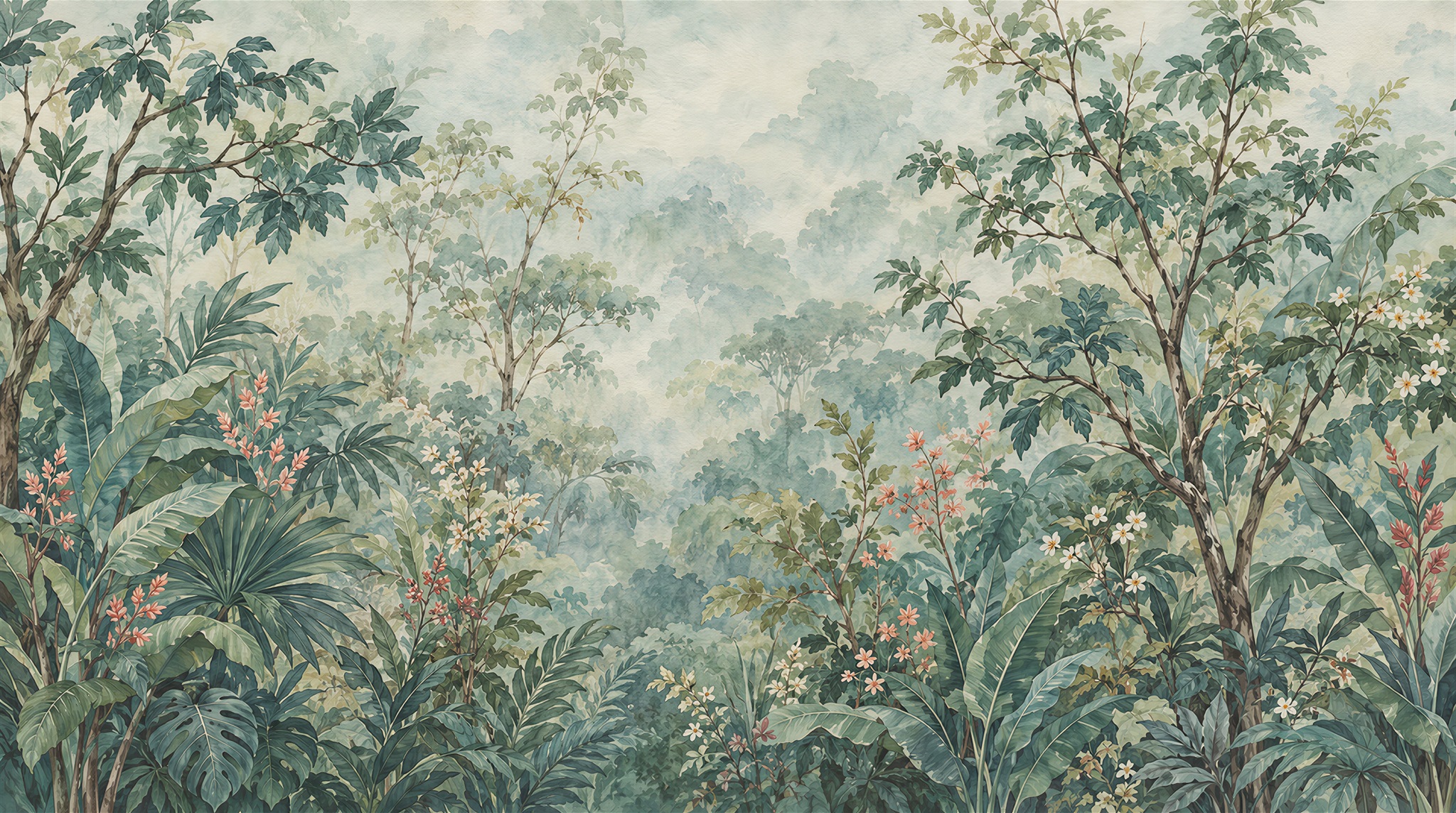 Sage Green Tropical Foliage Wallpaper Mural — Wallpaper Mural Design, Peel-and-stick Finish