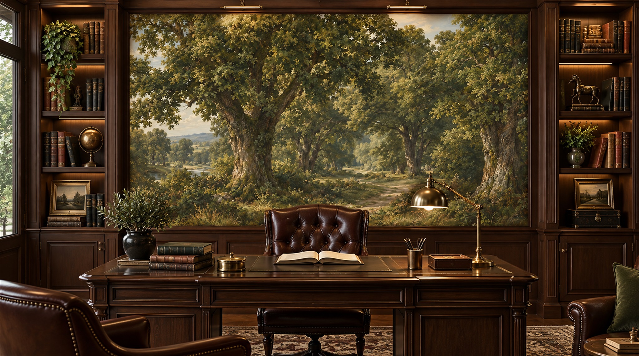 Red And Green Woodland Trees Forest Wallpaper Mural Living-room-wallpaper-murals, Shown In A Living Room, Peel-and-stick Finish