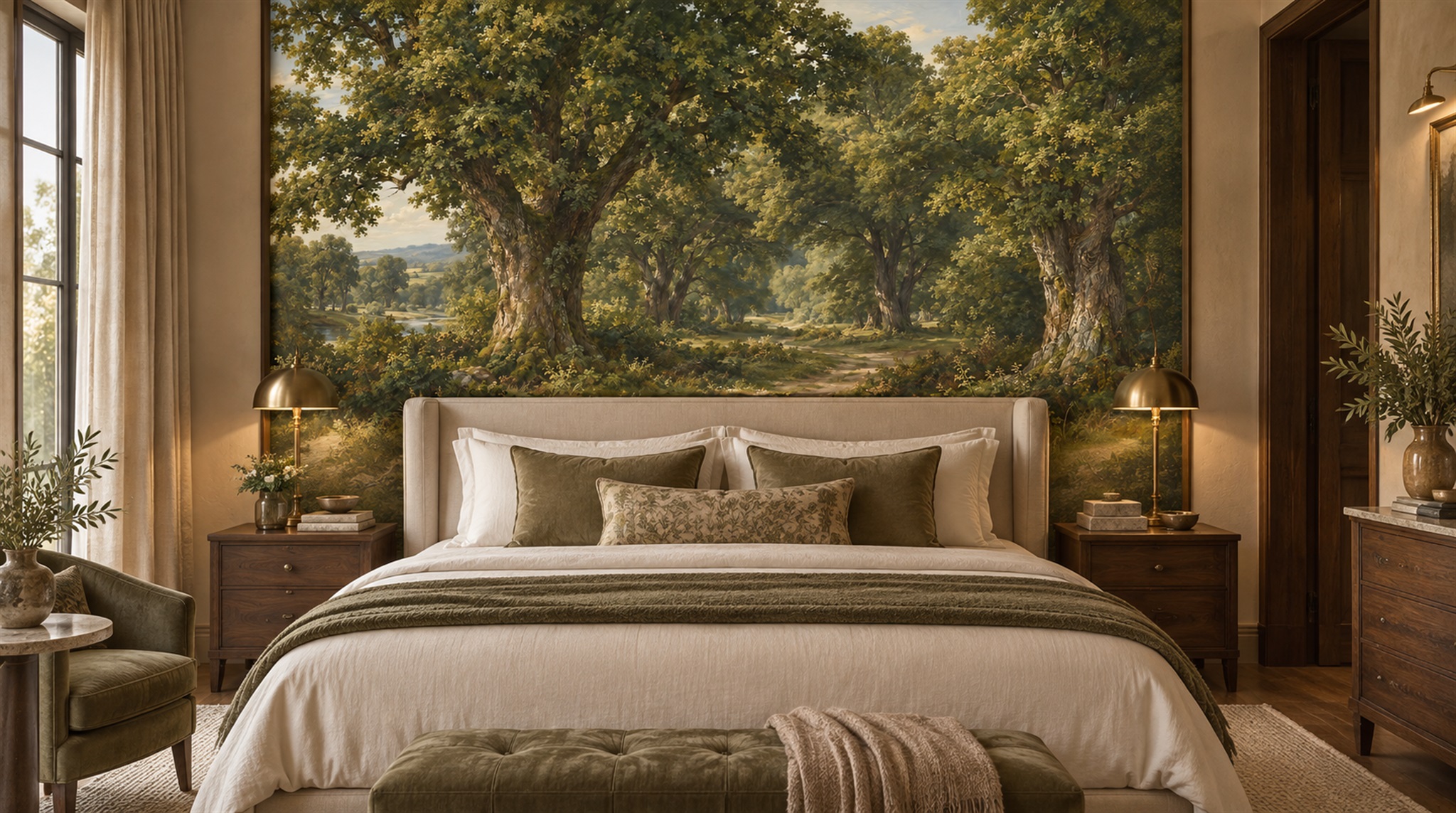 Red And Green Woodland Trees Forest Wallpaper Mural Accent-wall-wallpaper-murals, Peel-and-stick Finish