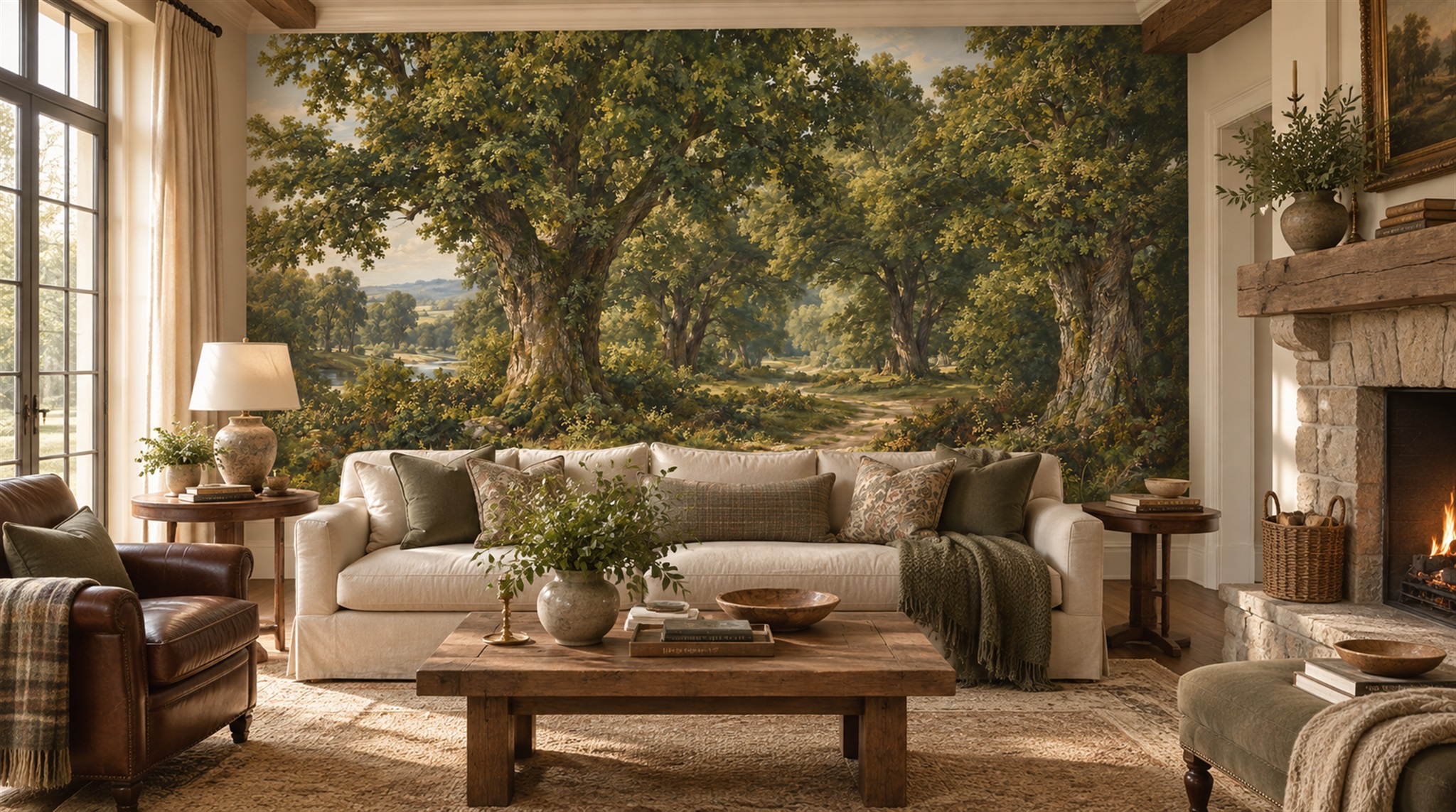 Red And Green Woodland Trees Forest Wallpaper Mural Office-wallpaper-murals, Shown In A Home Office, Peel-and-stick Finish