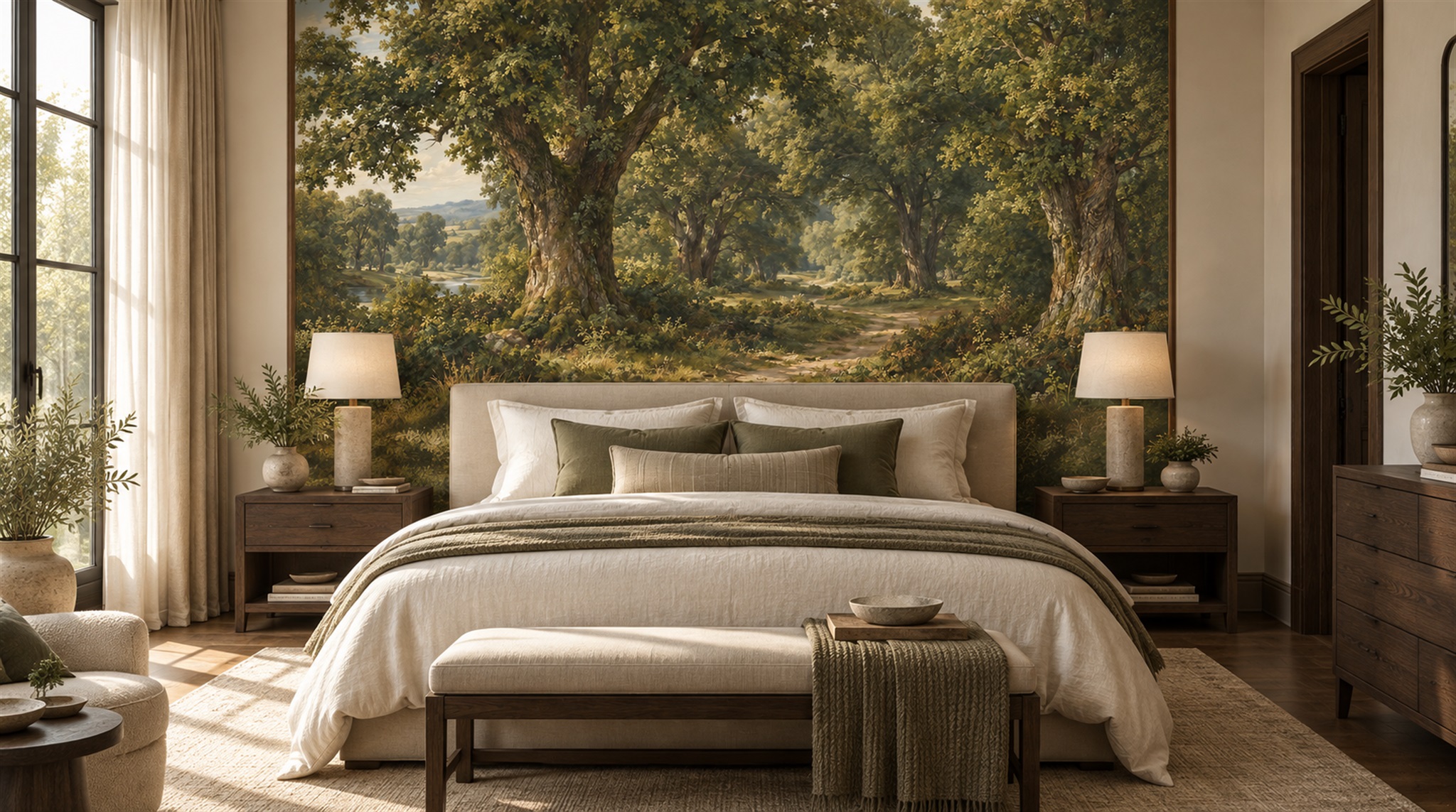 Red And Green Woodland Trees Forest Wallpaper Mural Dining-room-wallpaper-murals, Shown In A Dining Room, Peel-and-stick Finish