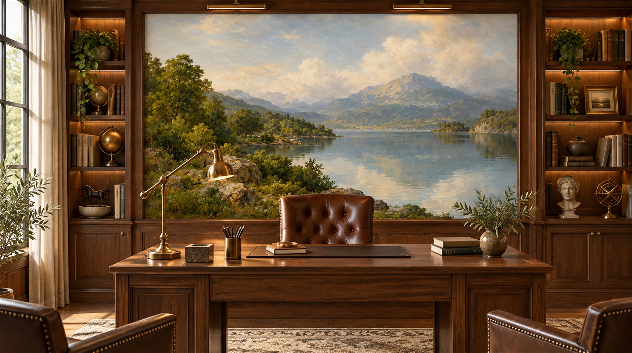 Red And Blue A Painterly Scenic View Decorative Wallpaper Living-room-wallpaper-murals, Shown In A Living Room, Peel-and-stick Finish