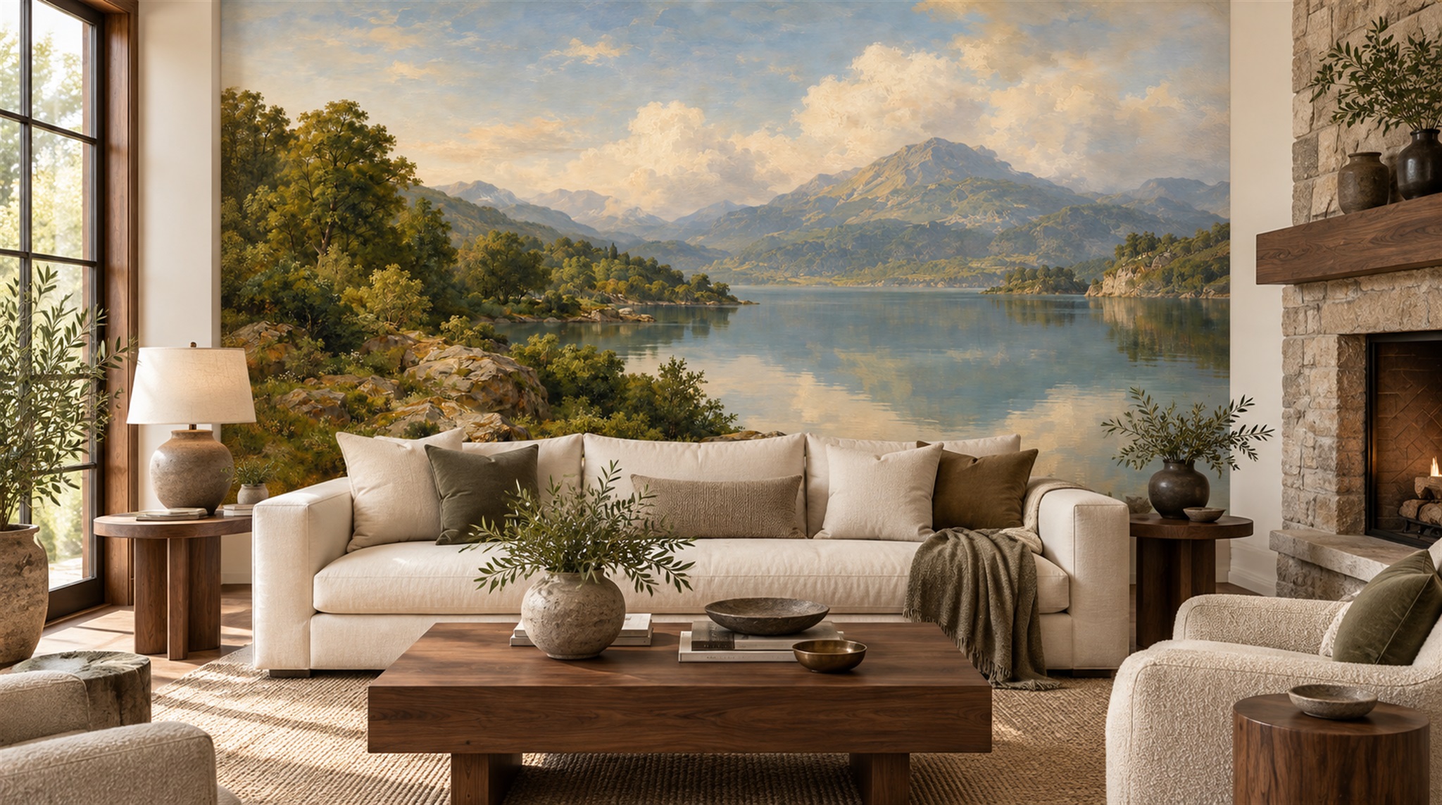 Red And Blue A Painterly Scenic View Decorative Wallpaper Office-wallpaper-murals, Shown In A Home Office, Peel-and-stick Finish