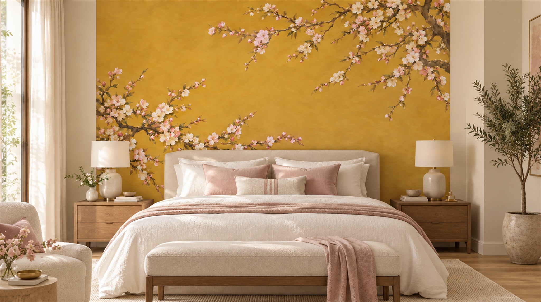Gold And Red Blossom Branches Wallpaper Mural Dining-room-wallpaper-murals, Shown In A Dining Room, Peel-and-stick Finish