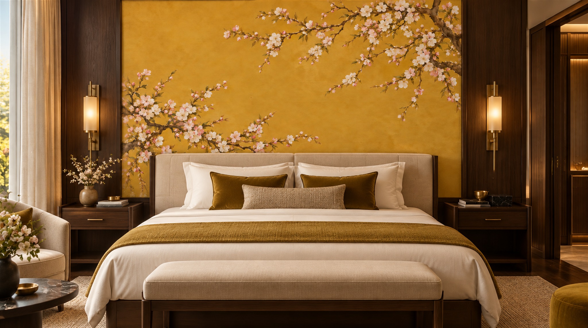 Gold And Red Blossom Branches Wallpaper Mural Accent-wall-wallpaper-murals, Peel-and-stick Finish