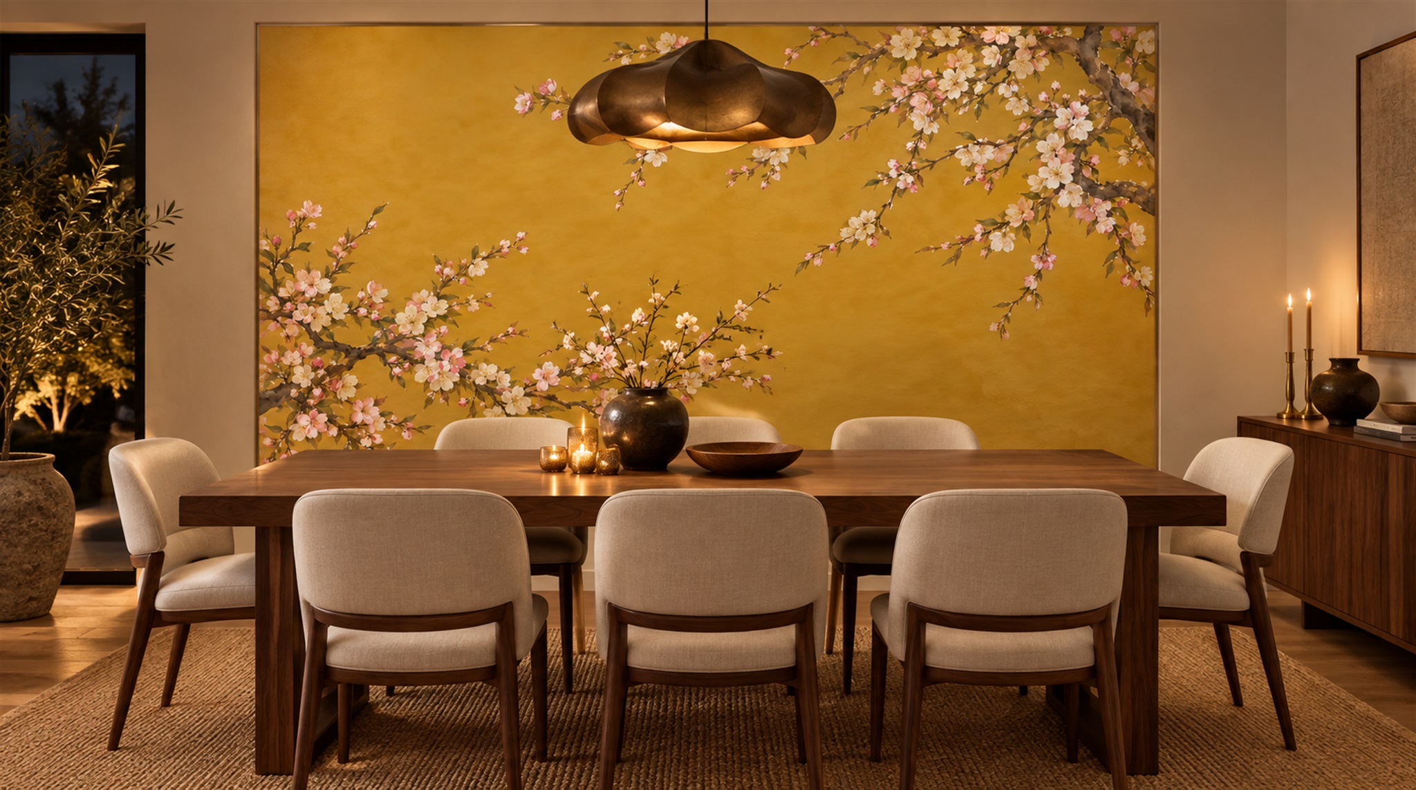 Gold And Red Blossom Branches Wallpaper Mural Bedroom-wallpaper-murals, Peel-and-stick Finish