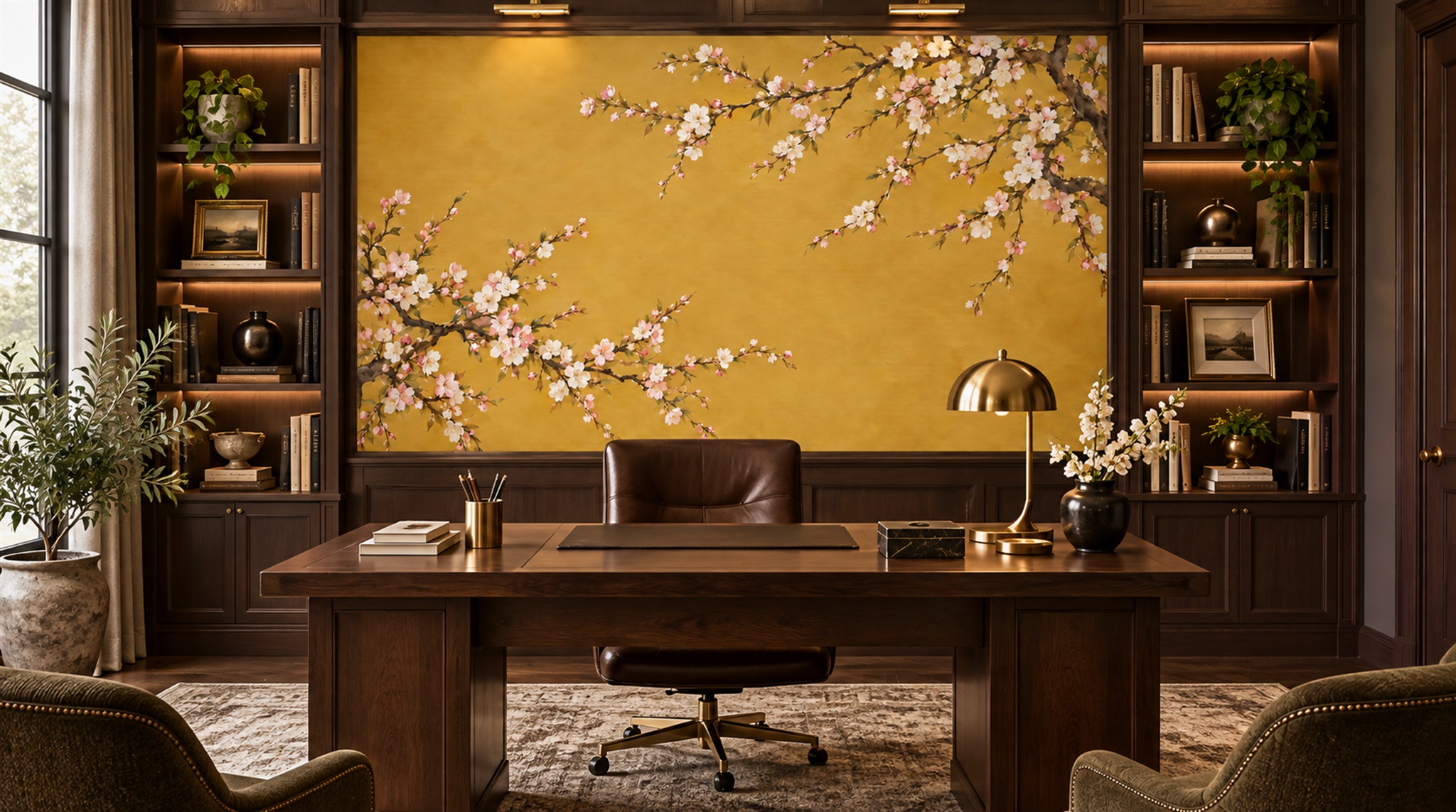 Gold And Red Blossom Branches Wallpaper Mural Living-room-wallpaper-murals, Shown In A Living Room, Peel-and-stick Finish