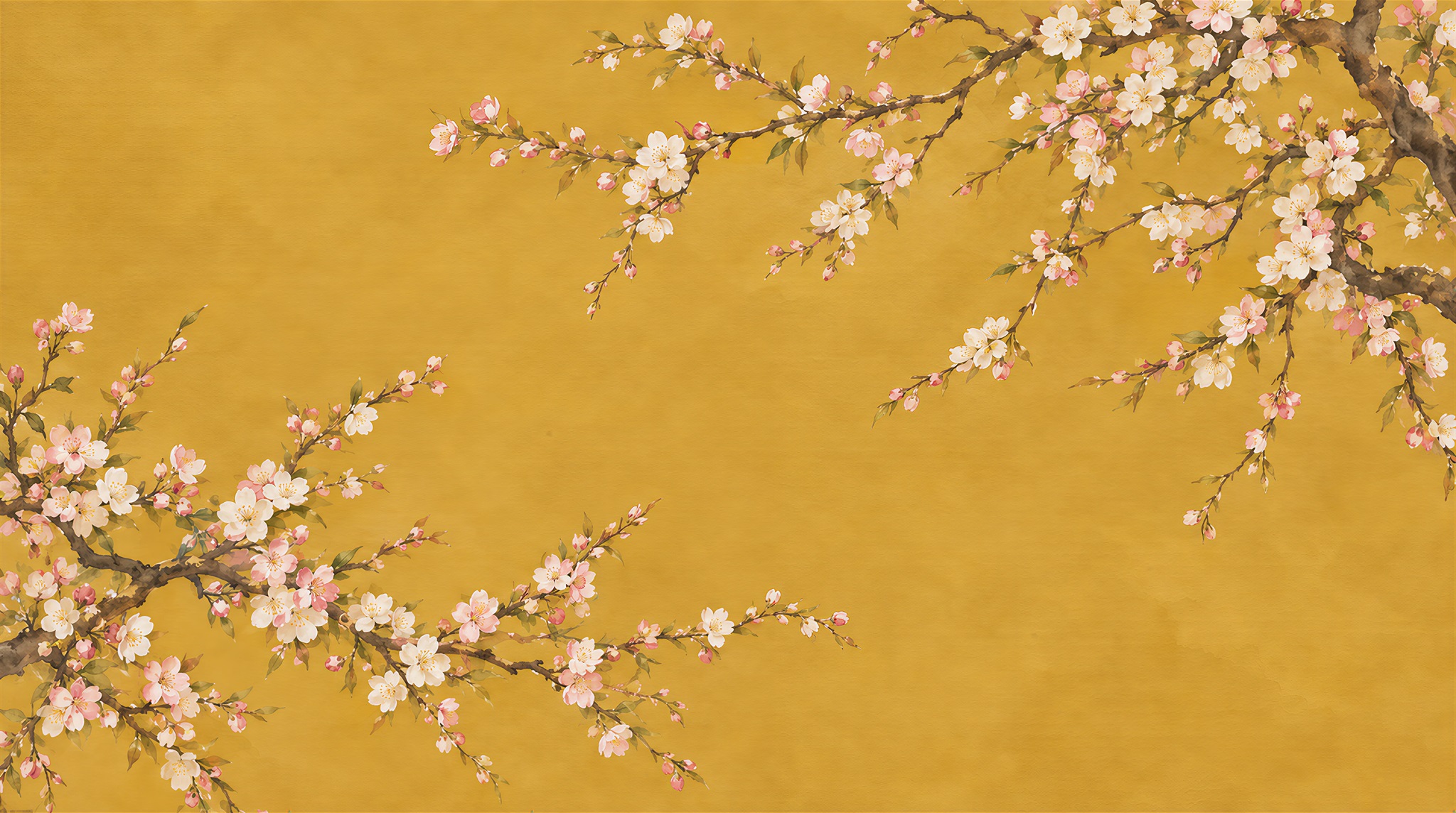 Pink Blossom Branches On Gold Wallpaper Mural — Wallpaper Mural Design, Peel-and-stick Finish