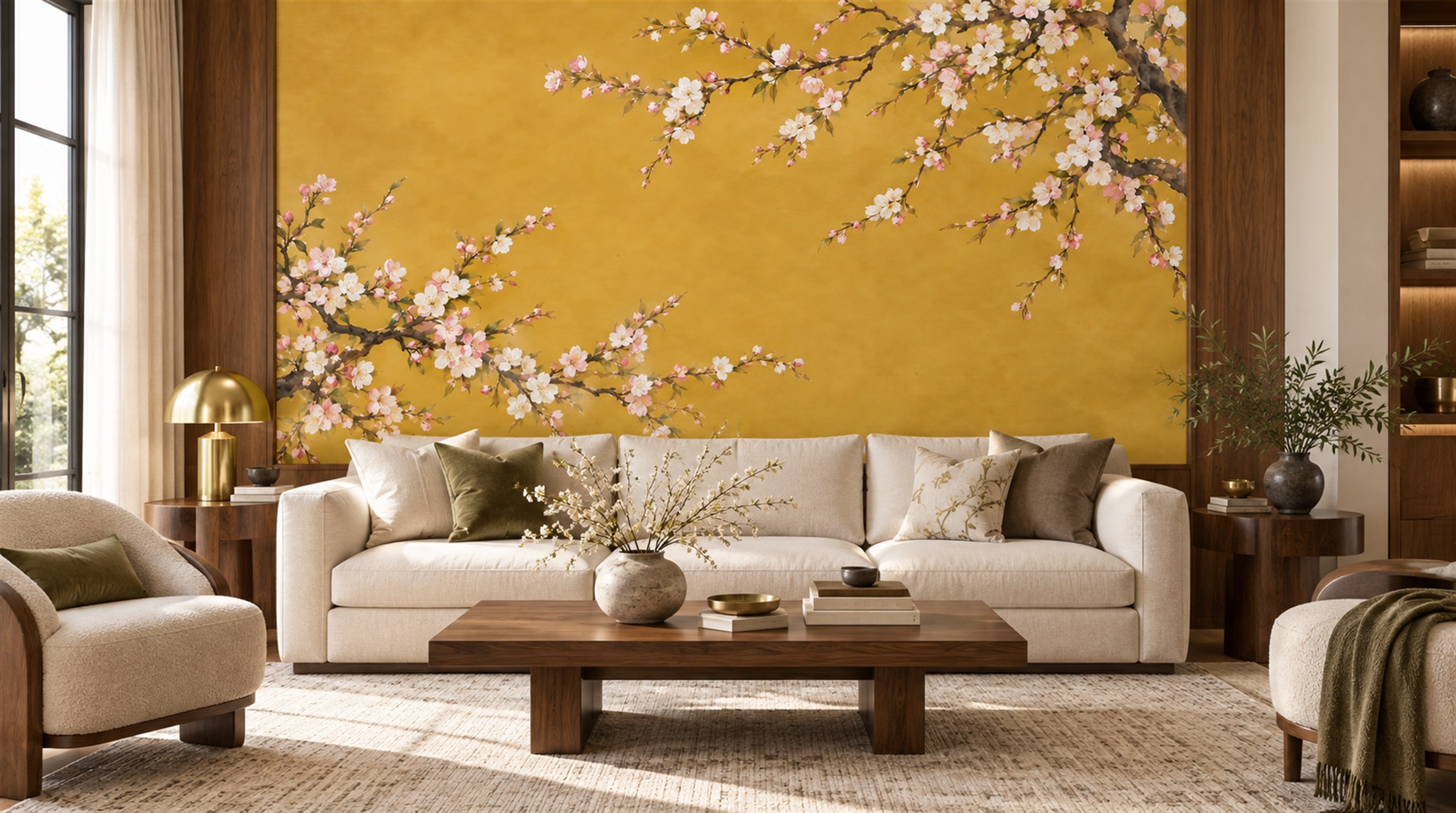 Gold And Red Blossom Branches Wallpaper Mural Office-wallpaper-murals, Shown In A Home Office, Peel-and-stick Finish
