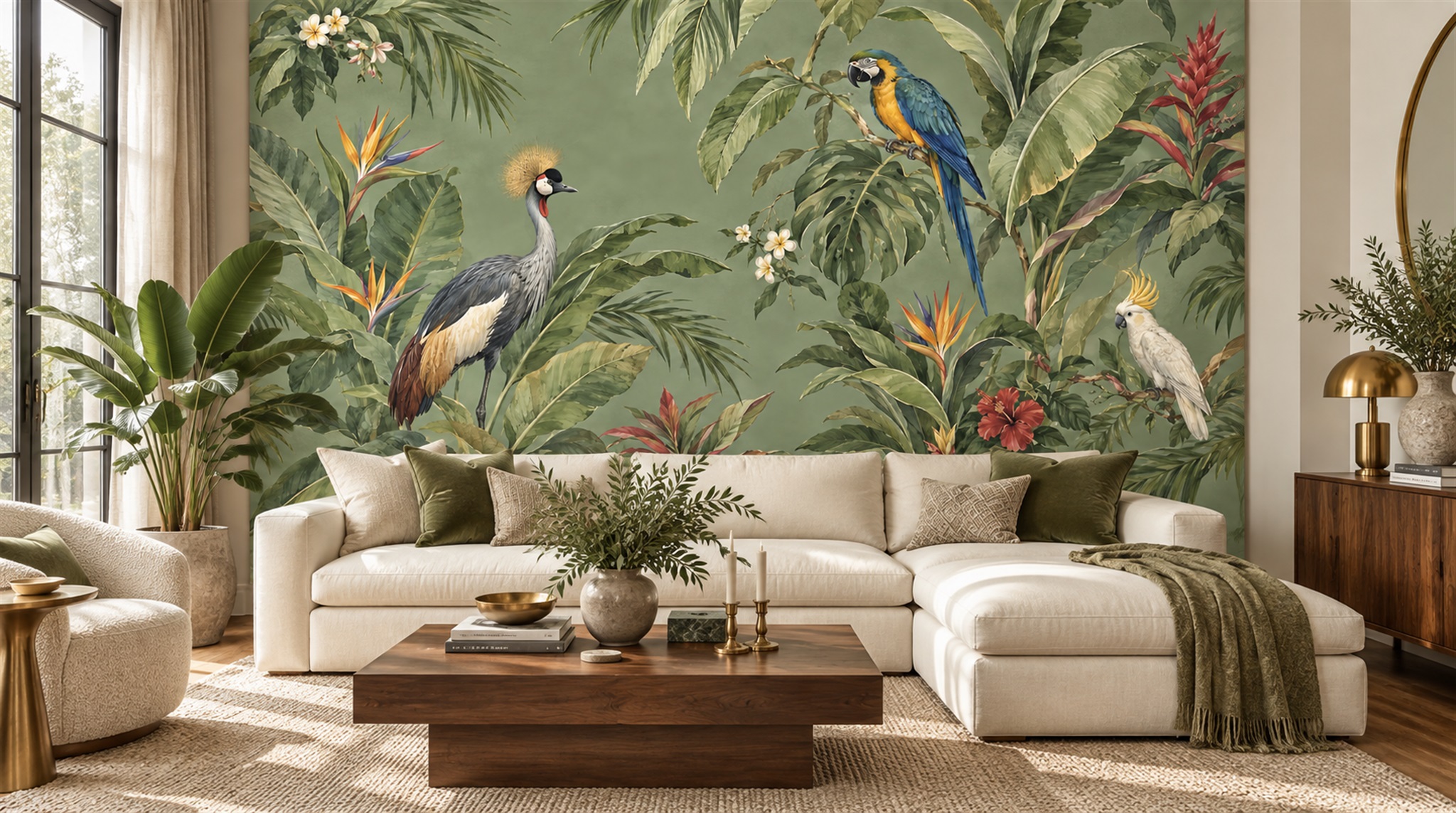 Red And Sage Green Bird Forms Wallpaper Mural Office-wallpaper-murals, Shown In A Home Office, Peel-and-stick Finish