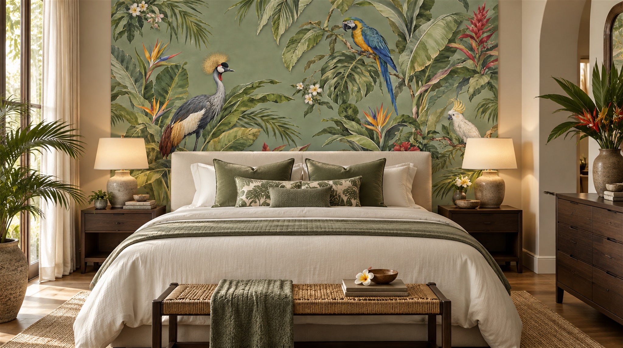 Red And Sage Green Bird Forms Wallpaper Mural Dining-room-wallpaper-murals, Shown In A Dining Room, Peel-and-stick Finish
