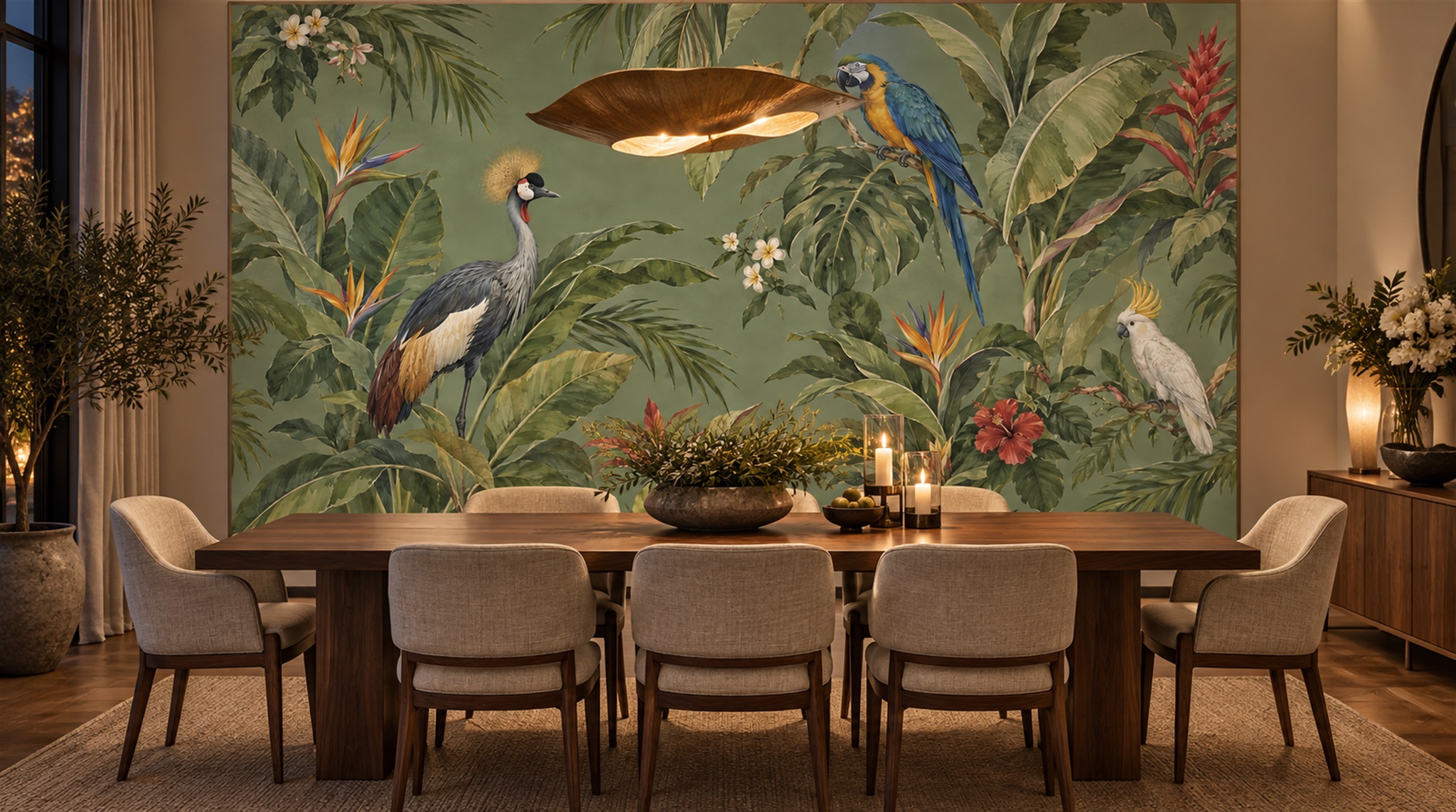Red And Sage Green Bird Forms Wallpaper Mural Bedroom-wallpaper-murals, Peel-and-stick Finish