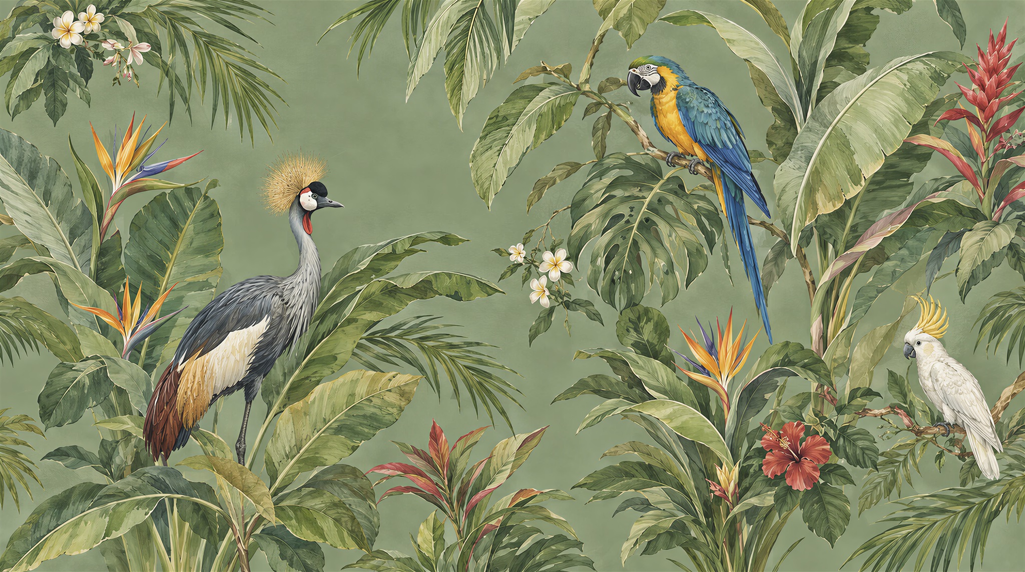 Tropical Birds And Foliage Wallpaper Mural — Wallpaper Mural Design, Peel-and-stick Finish