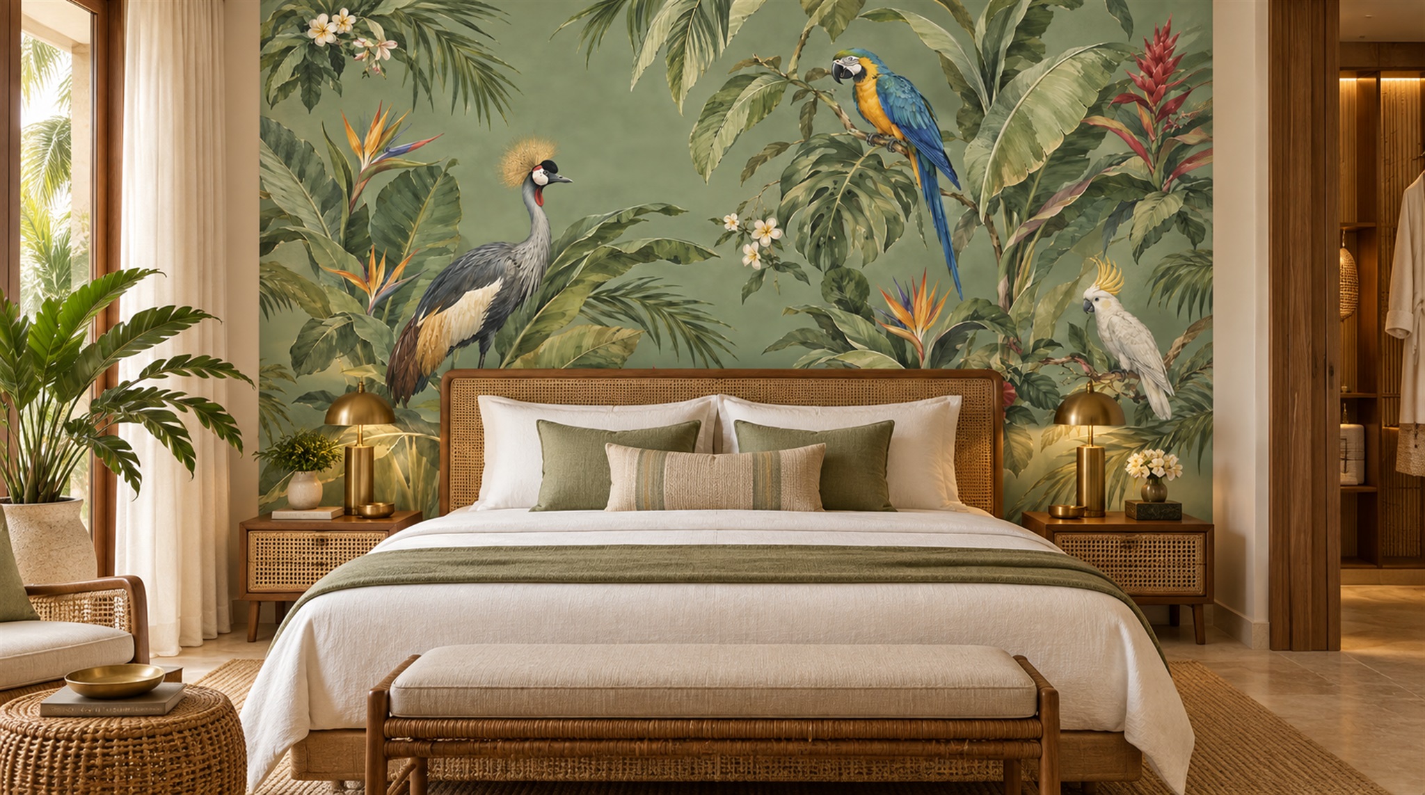 Red And Sage Green Bird Forms Wallpaper Mural Accent-wall-wallpaper-murals, Peel-and-stick Finish