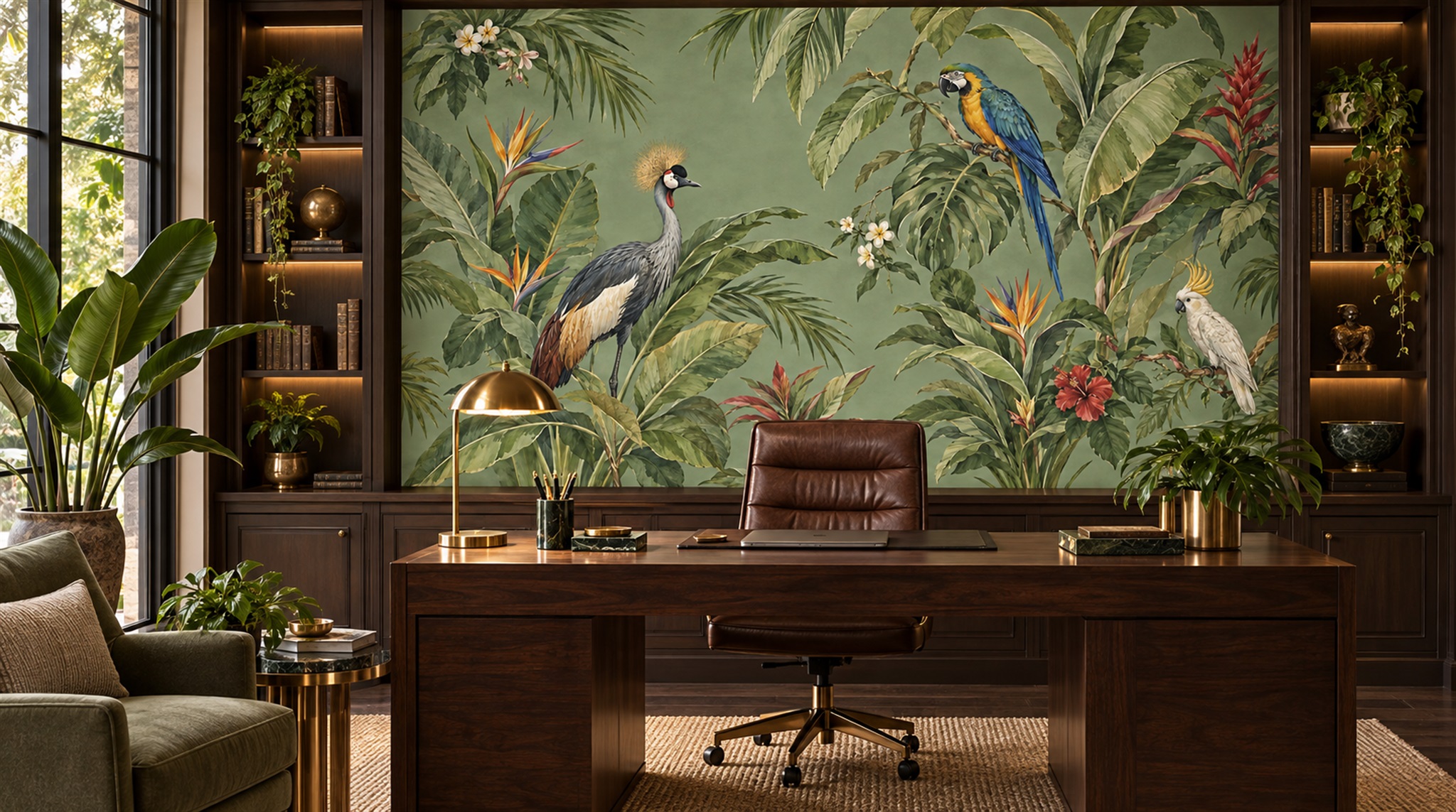 Red And Sage Green Bird Forms Wallpaper Mural Living-room-wallpaper-murals, Shown In A Living Room, Peel-and-stick Finish