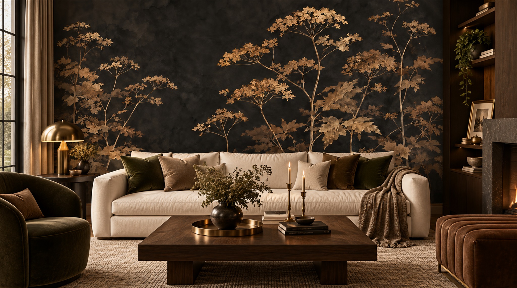 Red And Neutral Leaf Patterning Decorative Wallpaper Mural Office-wallpaper-murals, Shown In A Home Office, Peel-and-stick Finish