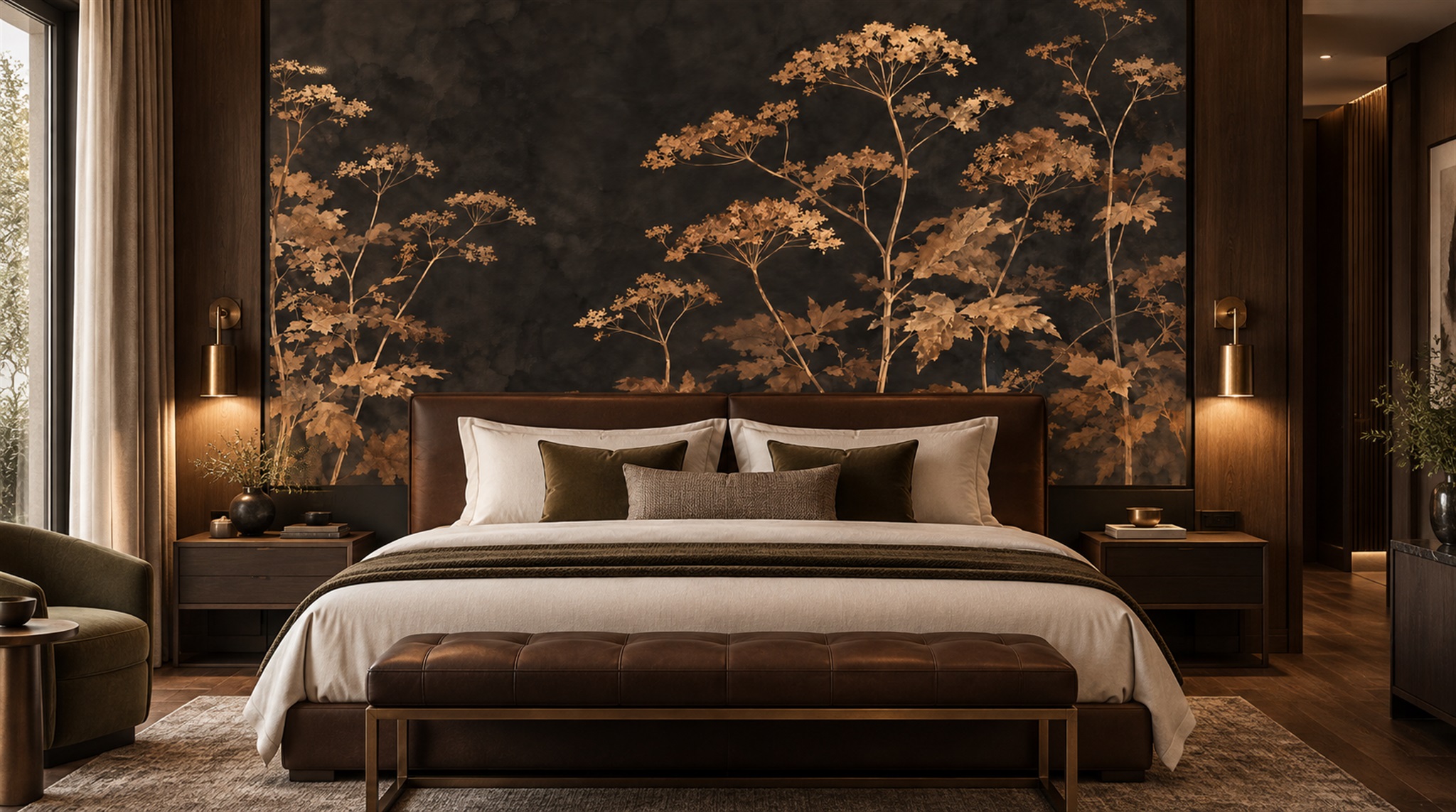 Red And Neutral Leaf Patterning Decorative Wallpaper Mural Accent-wall-wallpaper-murals, Peel-and-stick Finish