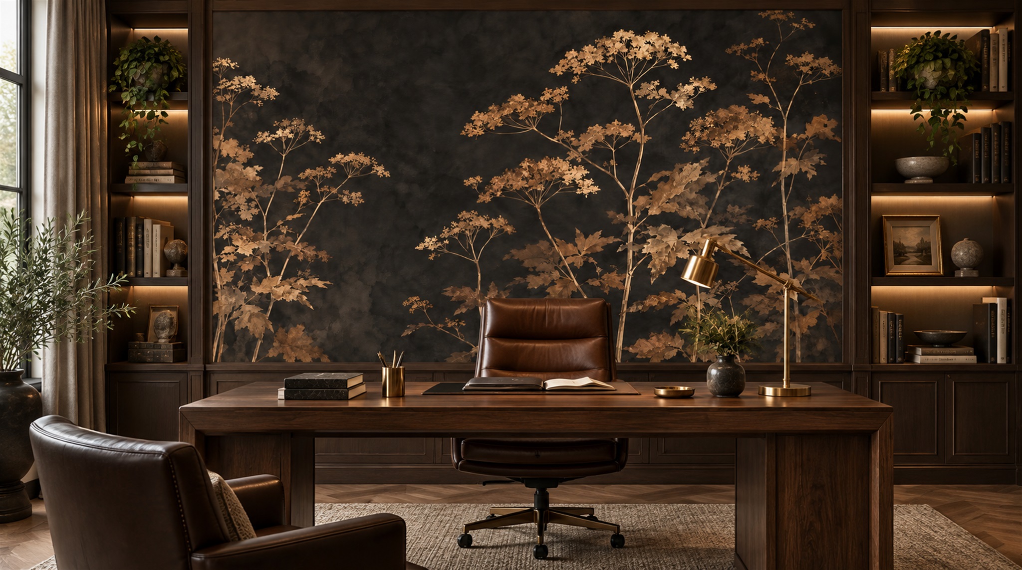 Red And Neutral Leaf Patterning Decorative Wallpaper Mural Living-room-wallpaper-murals, Shown In A Living Room, Peel-and-stick Finish