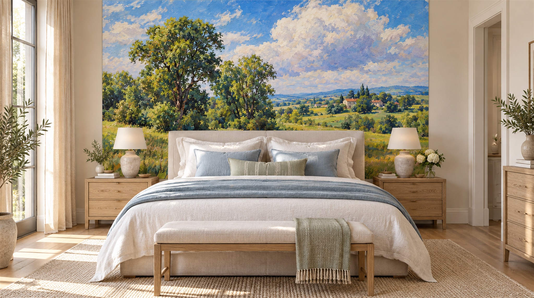 Red And Blue A Painterly Scenic View Layered Wallpaper Dining-room-wallpaper-murals, Shown In A Dining Room, Peel-and-stick Finish