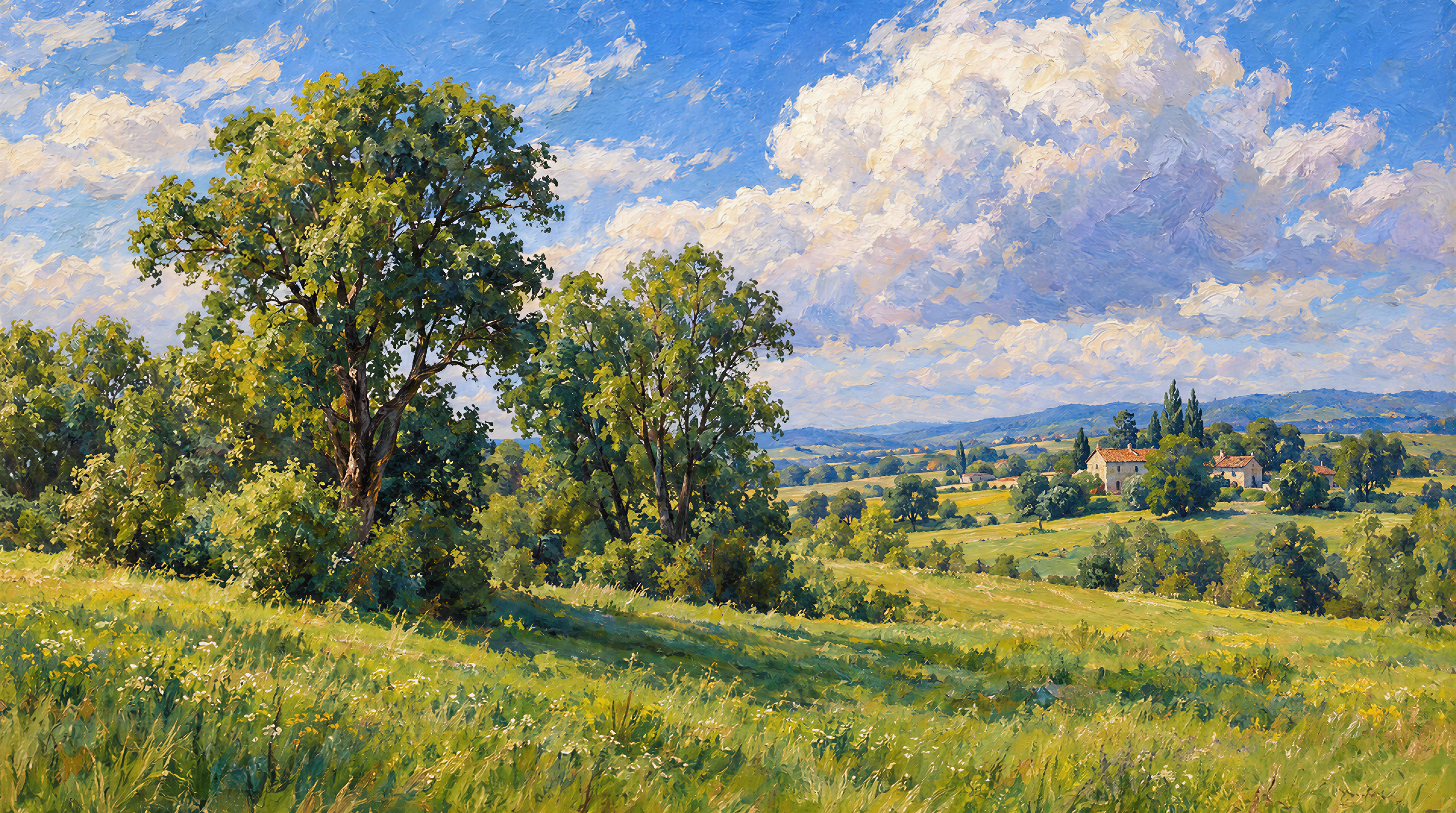 Red And Blue A Painterly Scenic View Layered Wallpaper, Peel-and-stick Finish