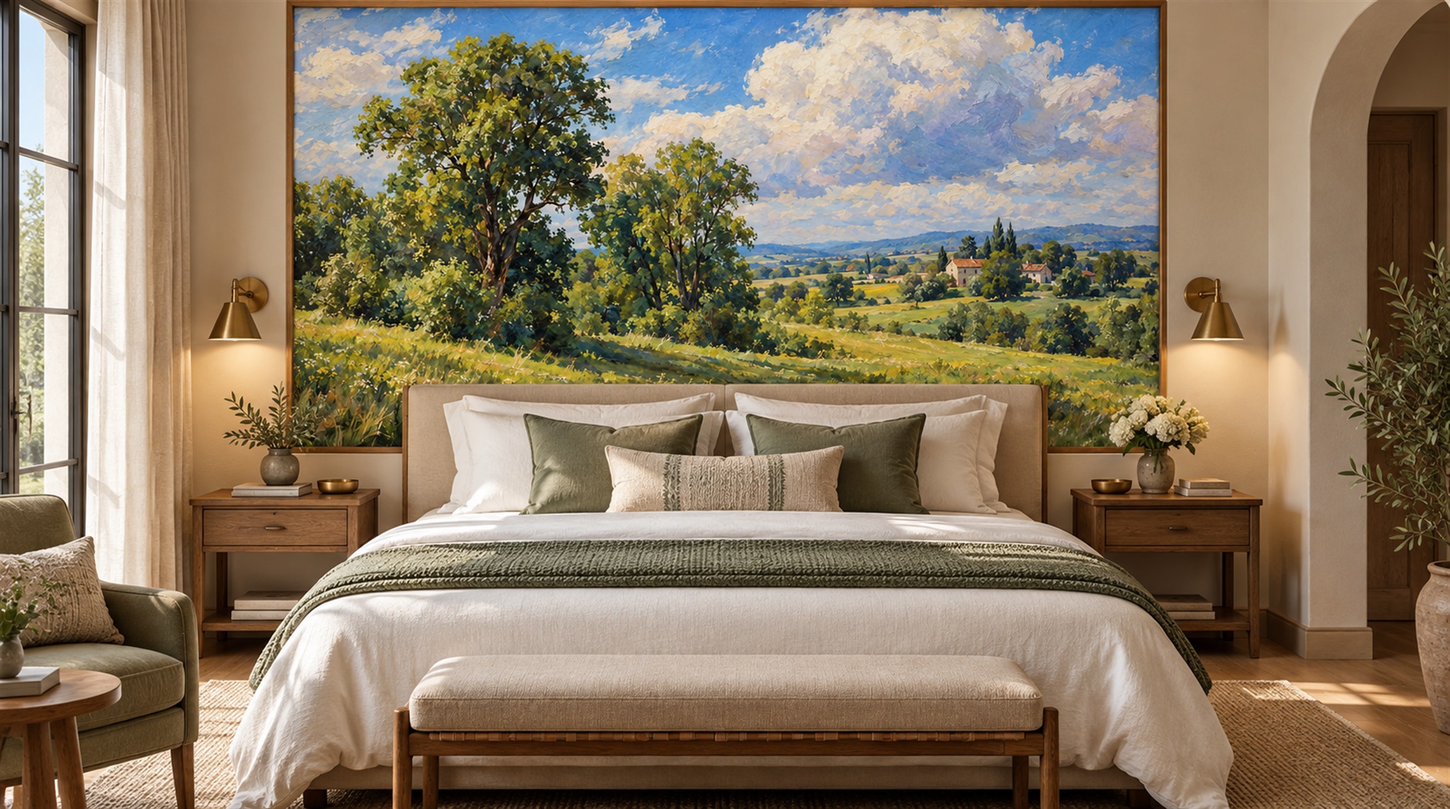 Red And Blue A Painterly Scenic View Layered Wallpaper, Peel-and-stick Finish