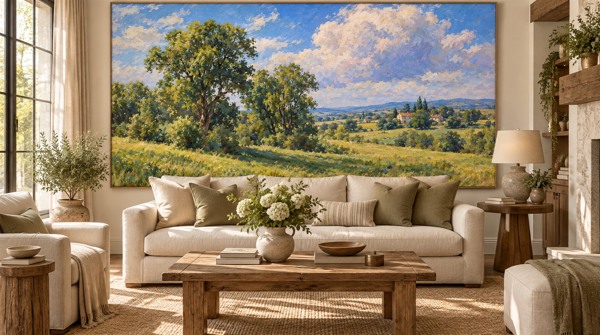 Red And Blue A Painterly Scenic View Layered Wallpaper Office-wallpaper-murals, Shown In A Home Office, Peel-and-stick Finish