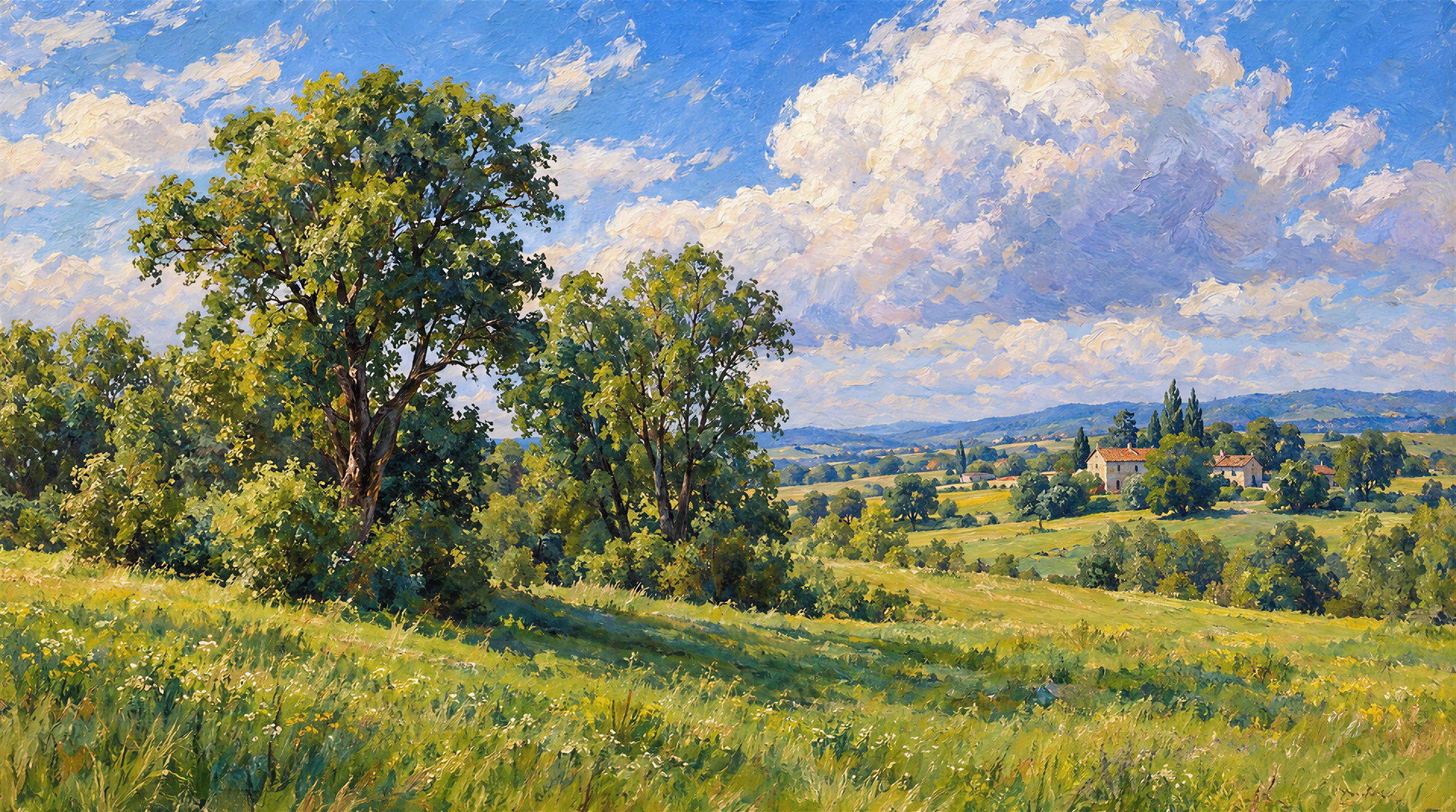 Green Meadow And Blue Sky Landscape Wallpaper Mural — Wallpaper Mural Design, Peel-and-stick Finish