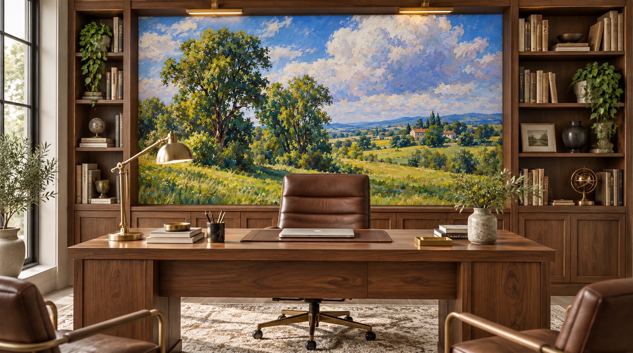 Red And Blue A Painterly Scenic View Layered Wallpaper Feature-wall-wallpaper-murals, Peel-and-stick Finish