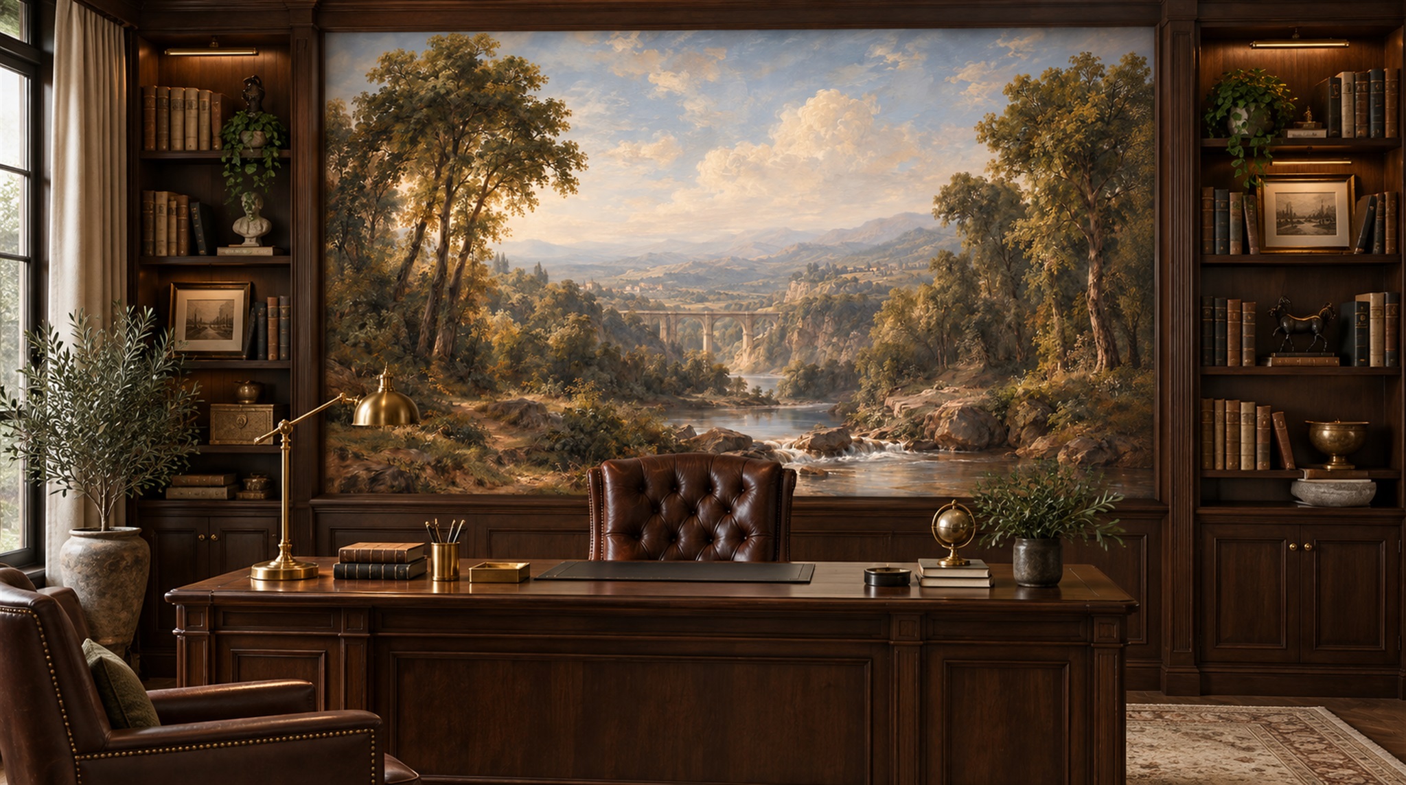 Red And Neutral A Painterly Scenic View Decorative Wallpaper Living-room-wallpaper-murals, Shown In A Living Room, Peel-and-stick Finish