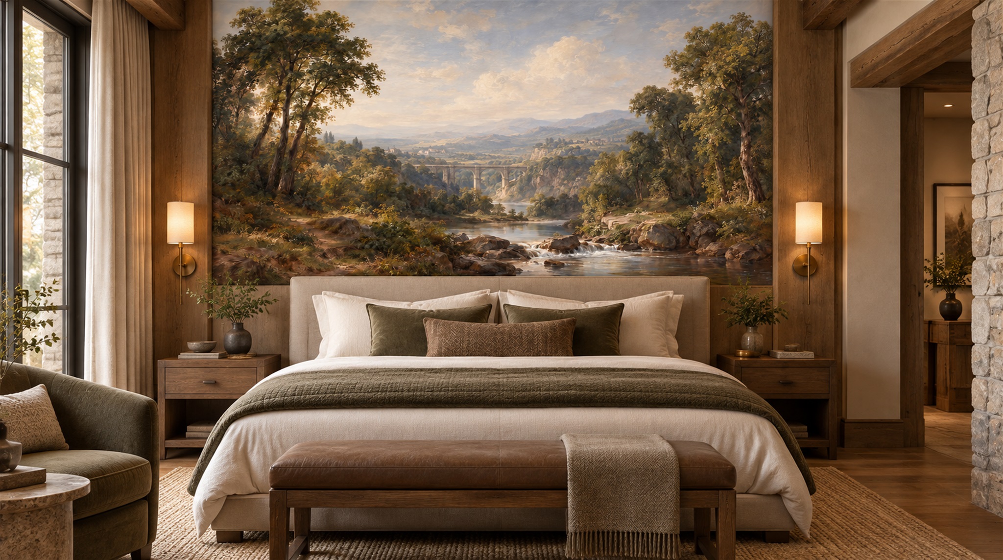 Red And Neutral A Painterly Scenic View Decorative Wallpaper Accent-wall-wallpaper-murals, Peel-and-stick Finish