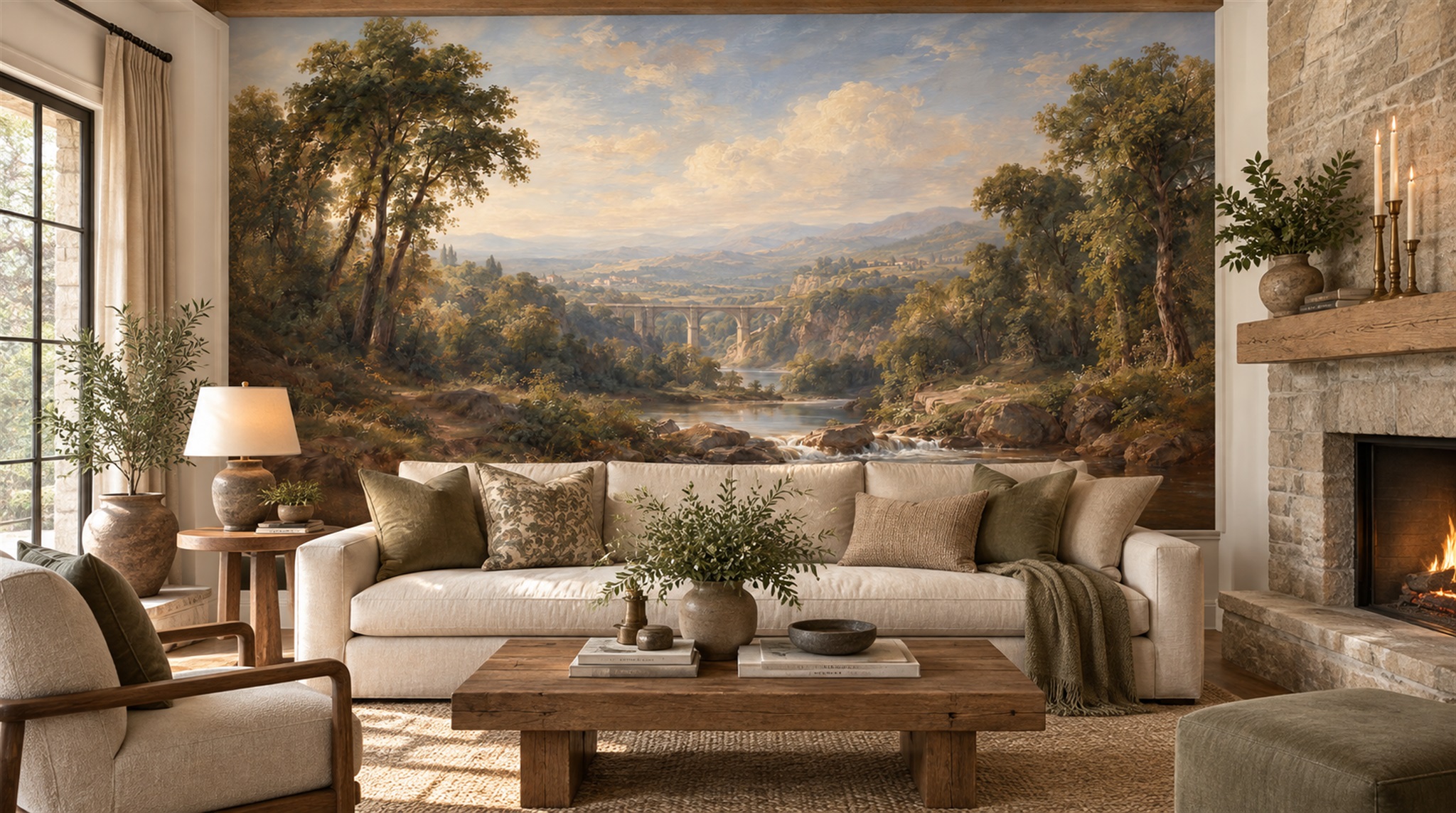 Red And Neutral A Painterly Scenic View Decorative Wallpaper Office-wallpaper-murals, Shown In A Home Office, Peel-and-stick Finish