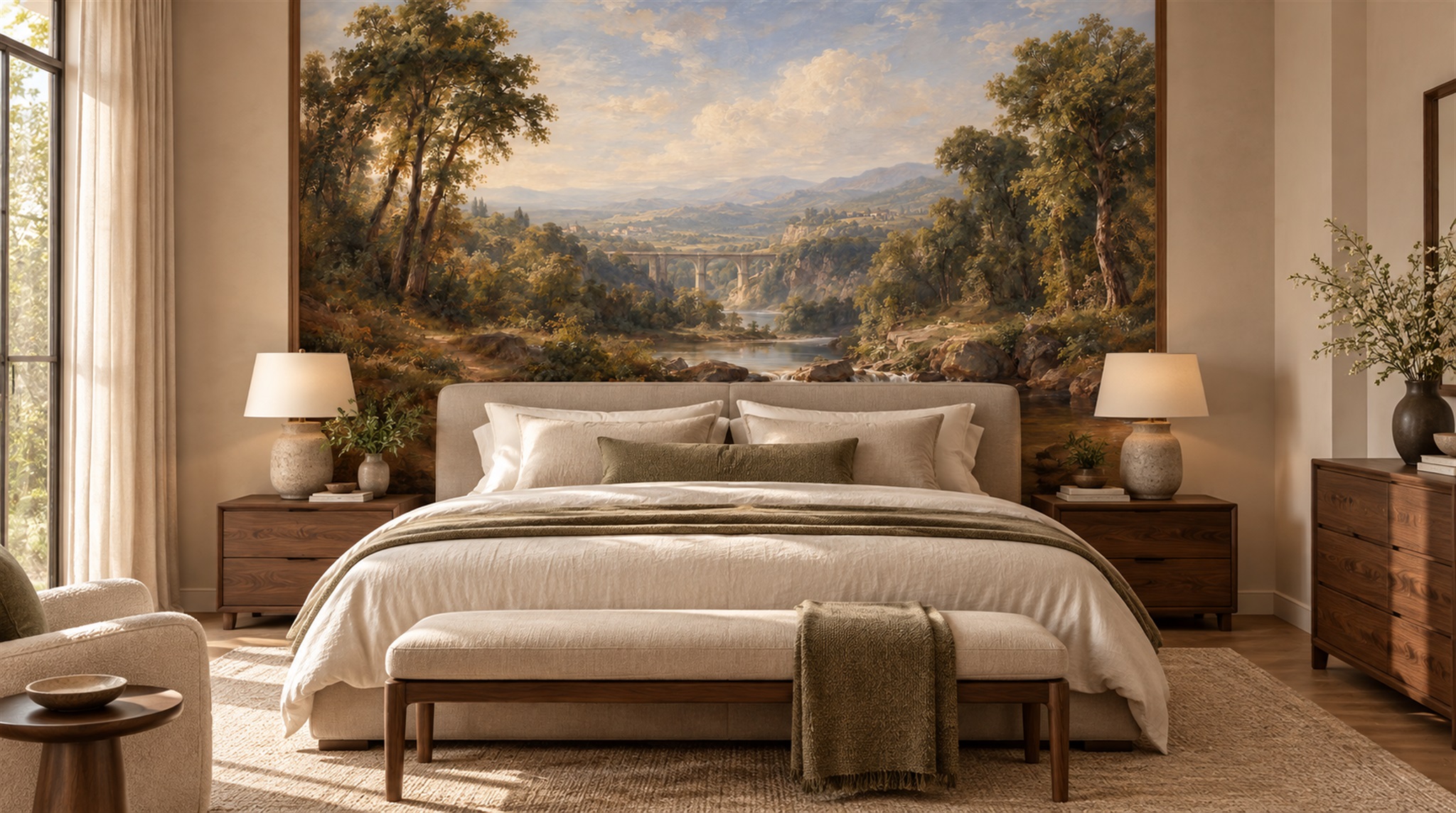 Red And Neutral A Painterly Scenic View Decorative Wallpaper Dining-room-wallpaper-murals, Shown In A Dining Room, Peel-and-stick Finish