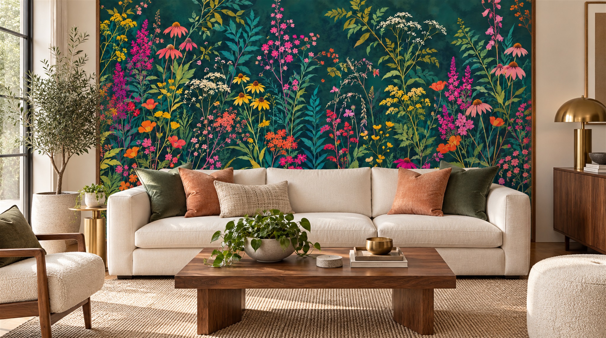 Red And Teal Floral Forms Wallpaper Mural Office-wallpaper-murals, Shown In A Home Office, Peel-and-stick Finish