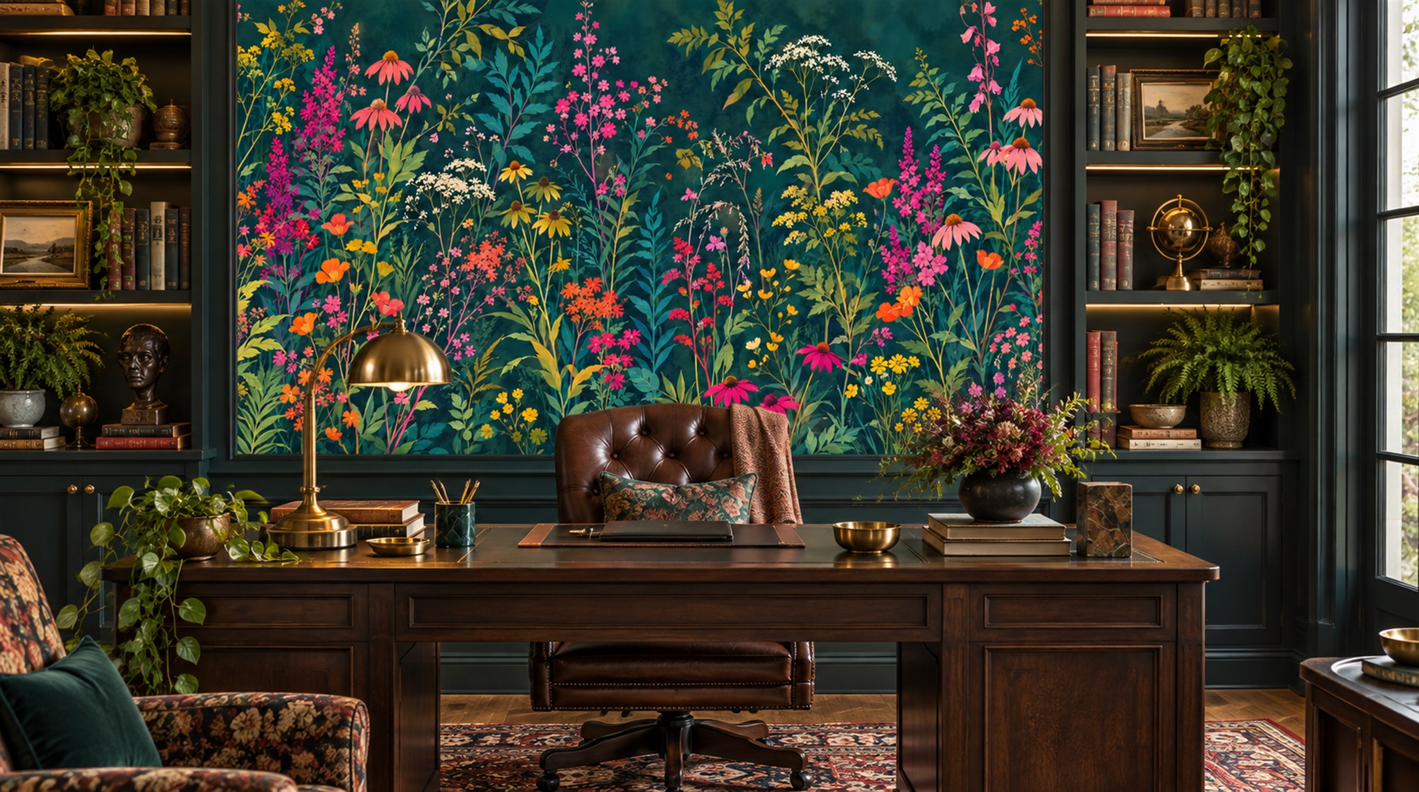 Red And Teal Floral Forms Wallpaper Mural Living-room-wallpaper-murals, Shown In A Living Room, Peel-and-stick Finish