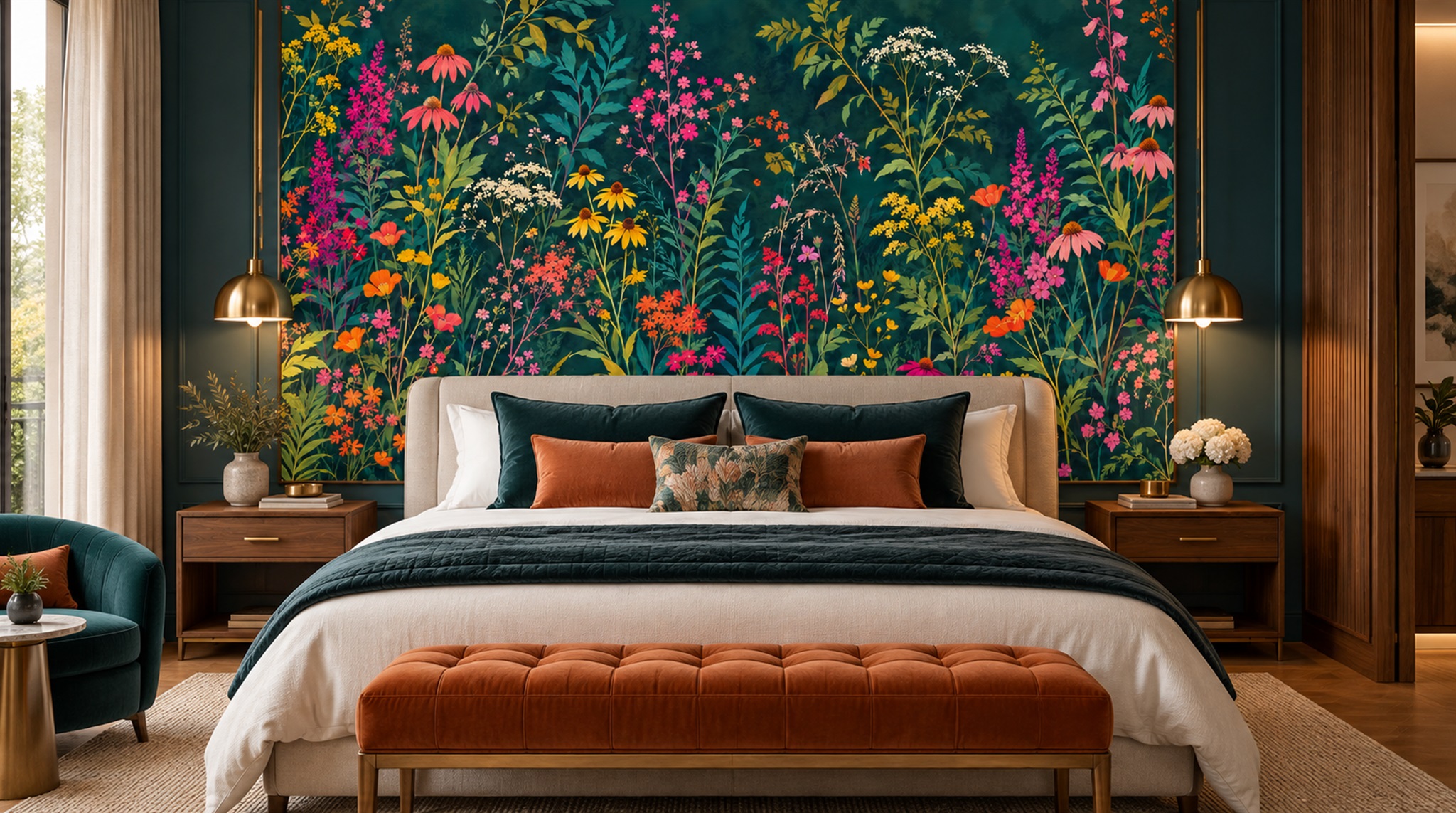 Red And Teal Floral Forms Wallpaper Mural, Peel-and-stick Finish