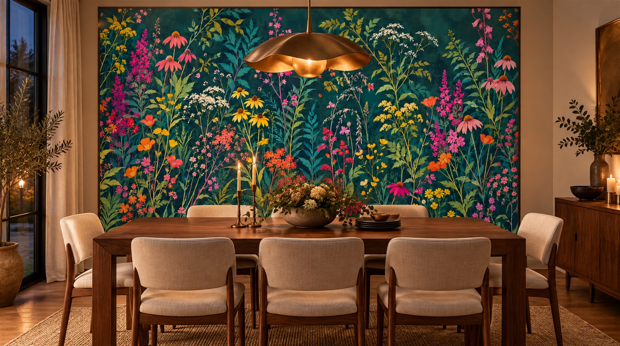 Red And Teal Floral Forms Wallpaper Mural Bedroom-wallpaper-murals, Peel-and-stick Finish