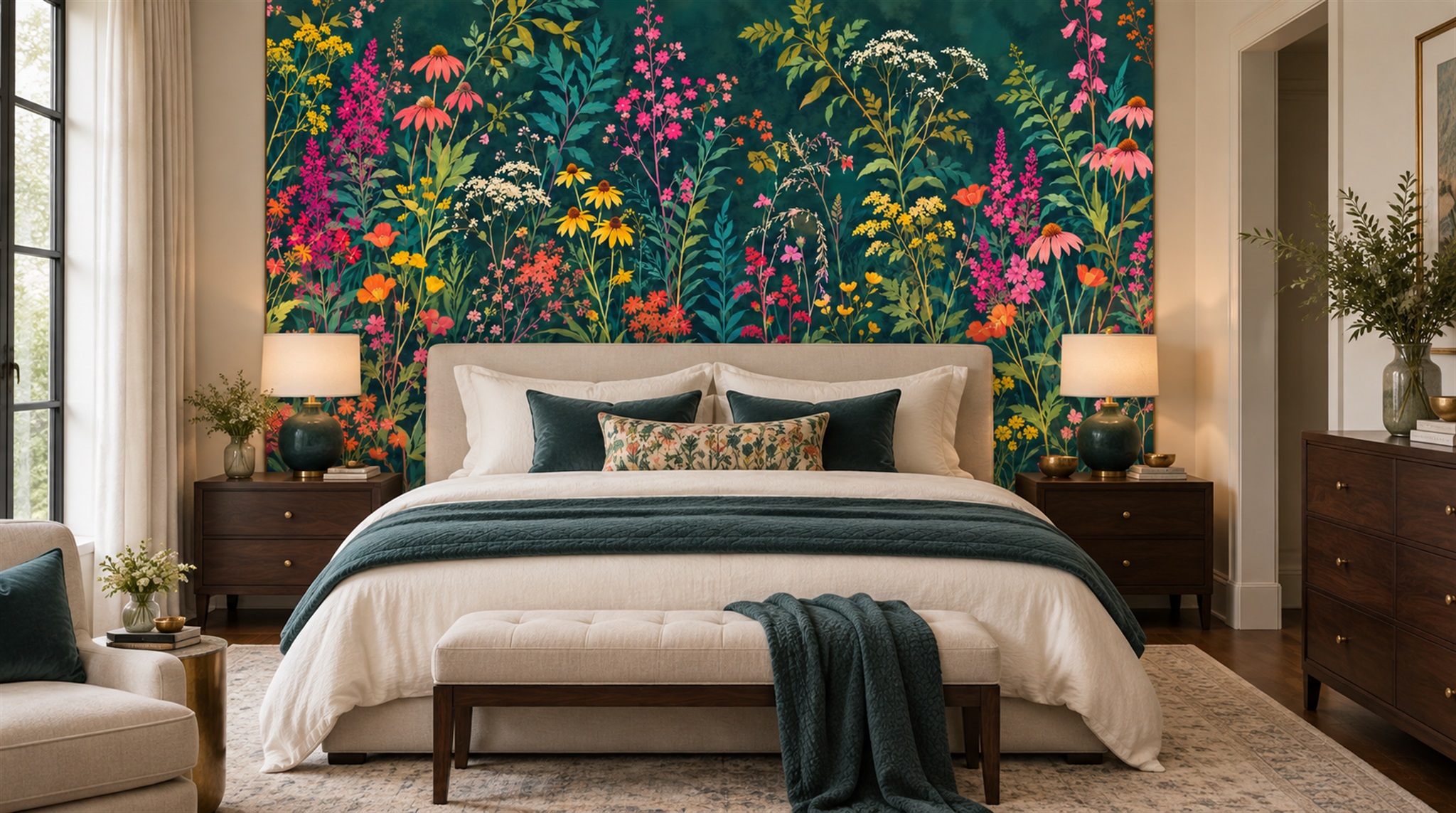 Red And Teal Floral Forms Wallpaper Mural Accent-wall-wallpaper-murals, Peel-and-stick Finish