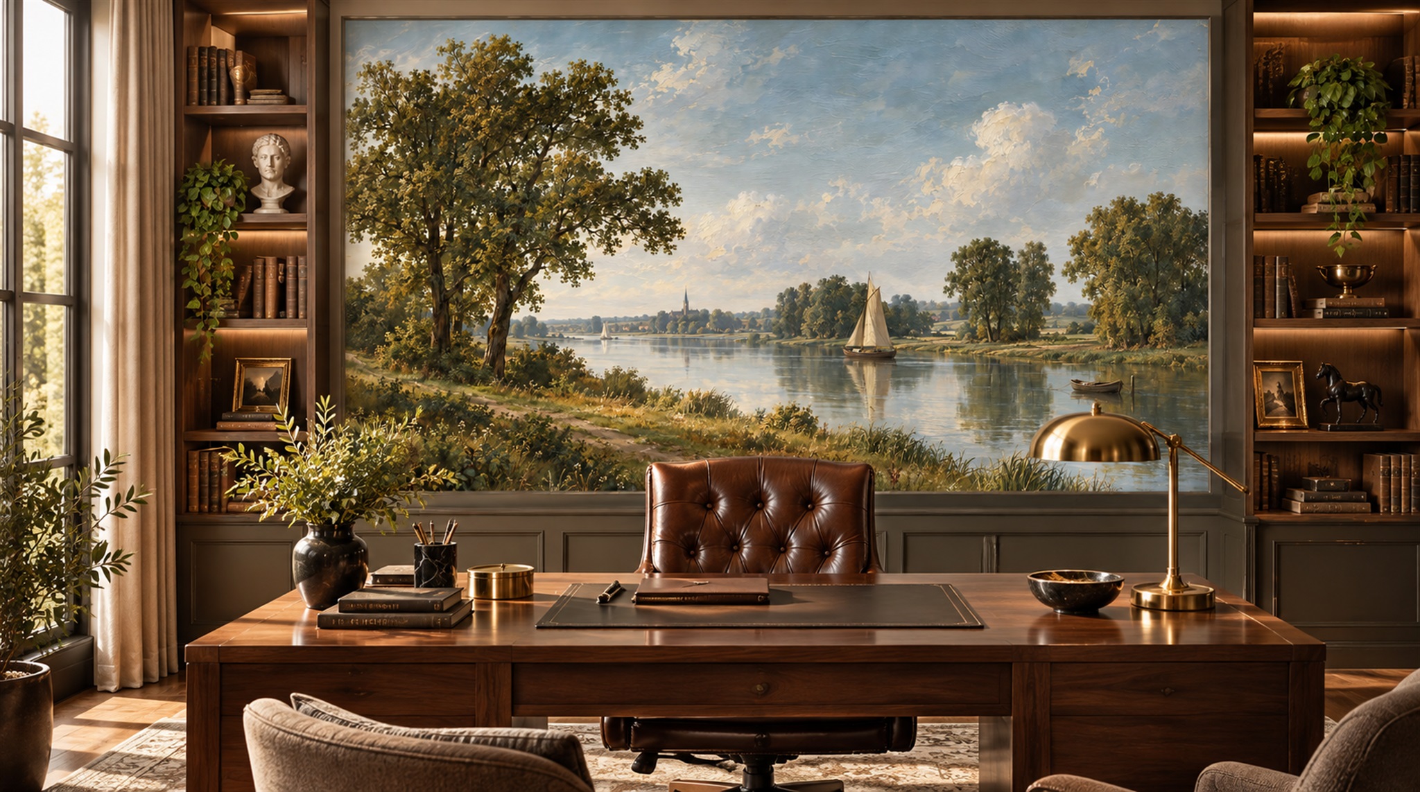 Red And Sage Green A Painterly Scenic Bedroom-wallpaper-murals, Peel-and-stick Finish