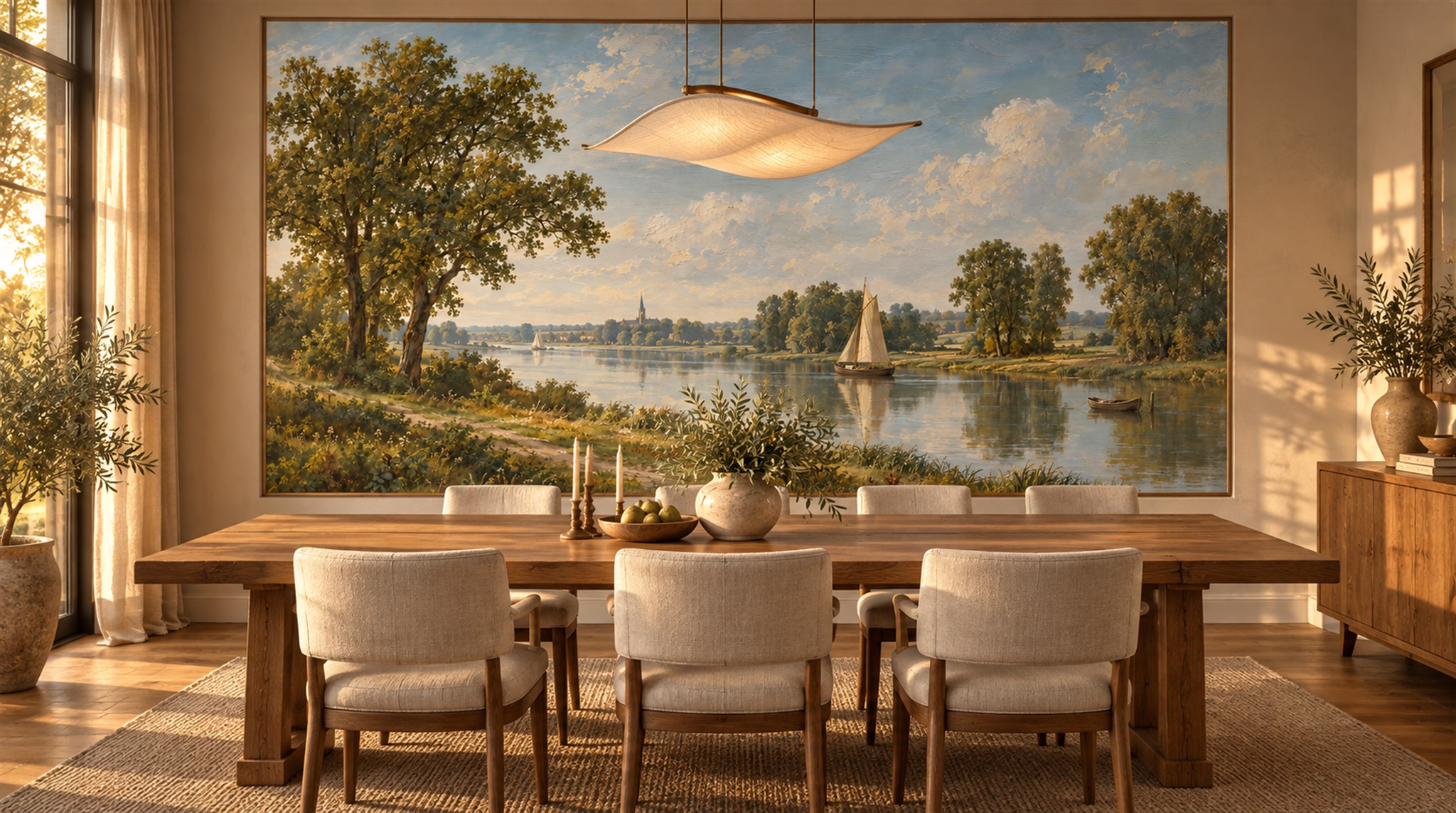 Red And Sage Green A Painterly Scenic Living-room-wallpaper-murals, Peel-and-stick Finish