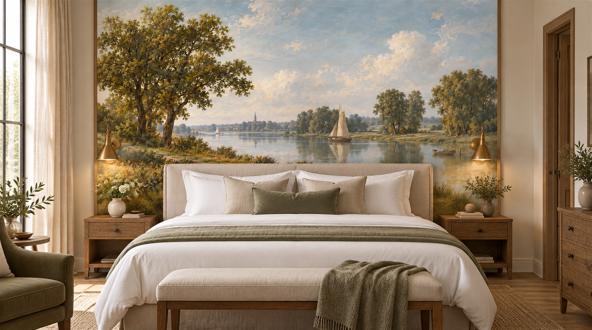 Red And Sage Green A Painterly Scenic, Peel-and-stick Finish
